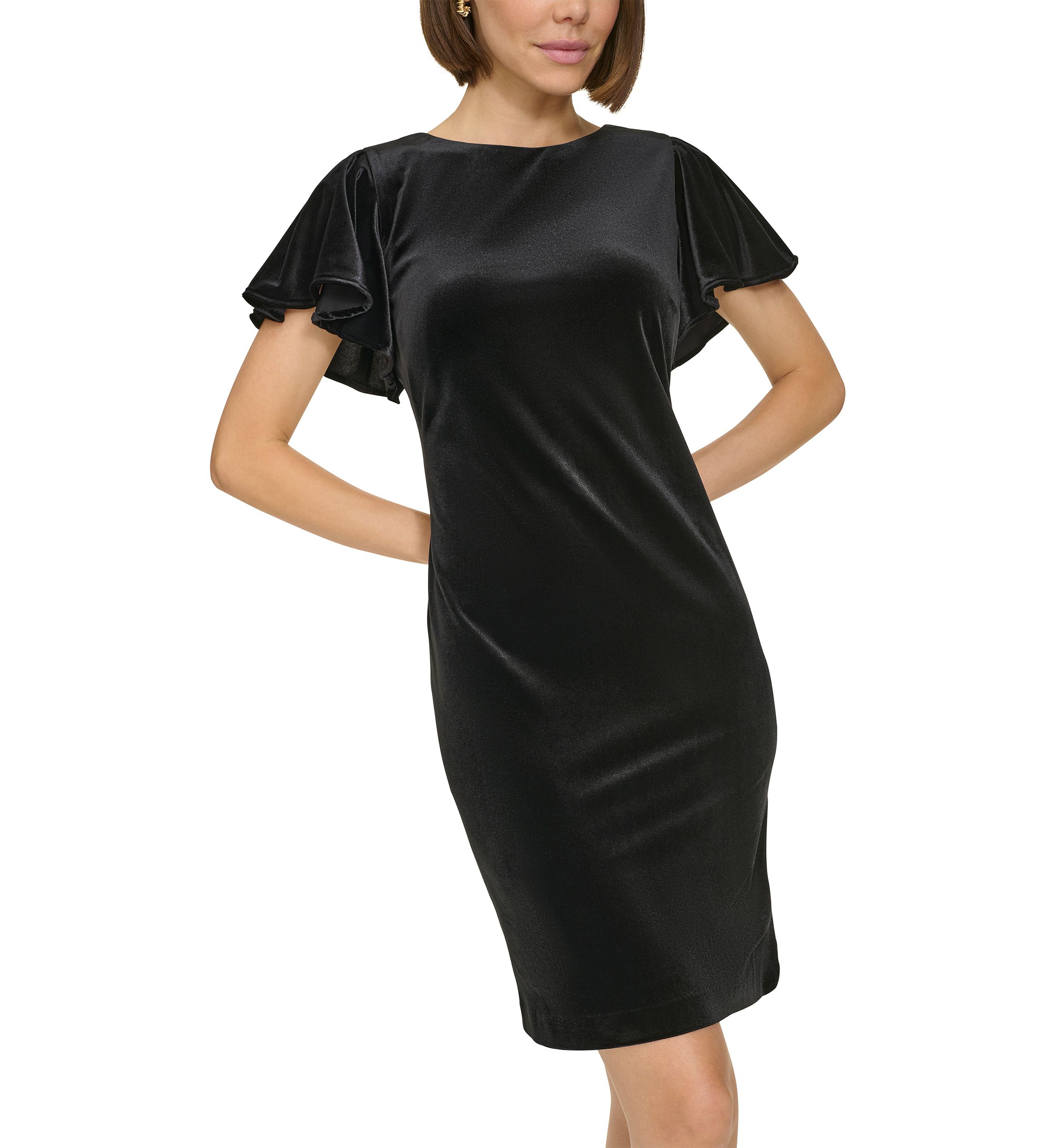Womens Flutter Sleeve Velvet Shift Dress