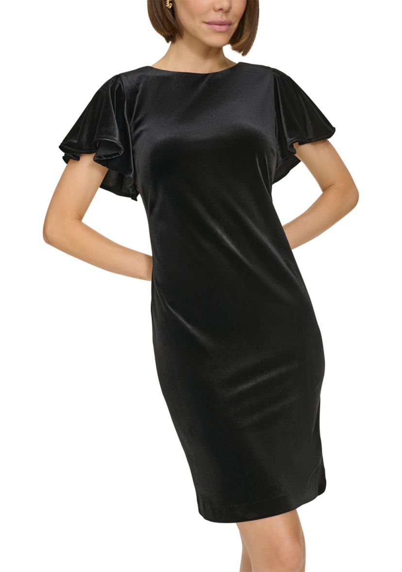 Womens Flutter Sleeve Velvet Shift Dress