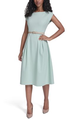 Tommy Hilfiger Women's Fit and Flare Midi Dress with Belt, Grey, 6