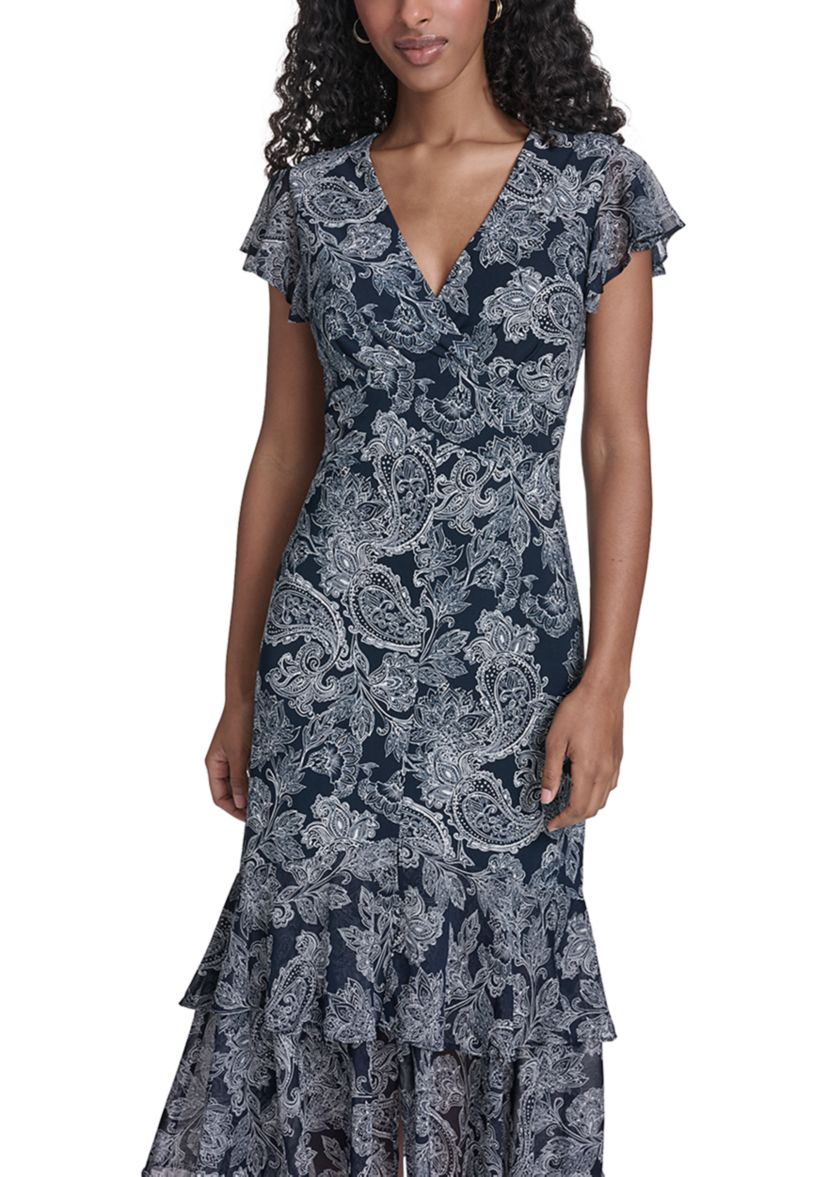 Tommy Hilfiger Women's Ruffle Sleeve Flounce Hem Mixed Media Dress, 4