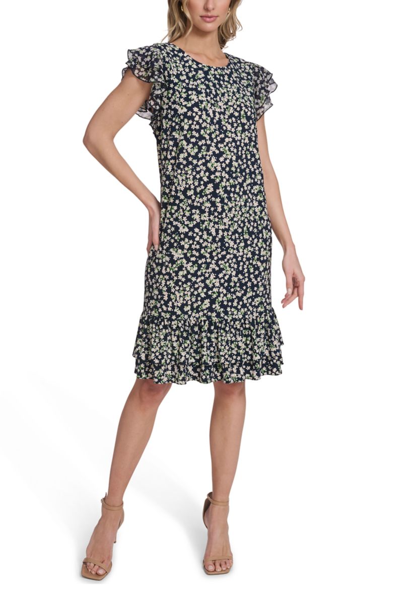 tommy hilfiger printed jersey bell sleeve a-line dress Women's Short with Flutter Sleeves and Bottom Shift - Sky Captain/Provence Blue Womens dresses