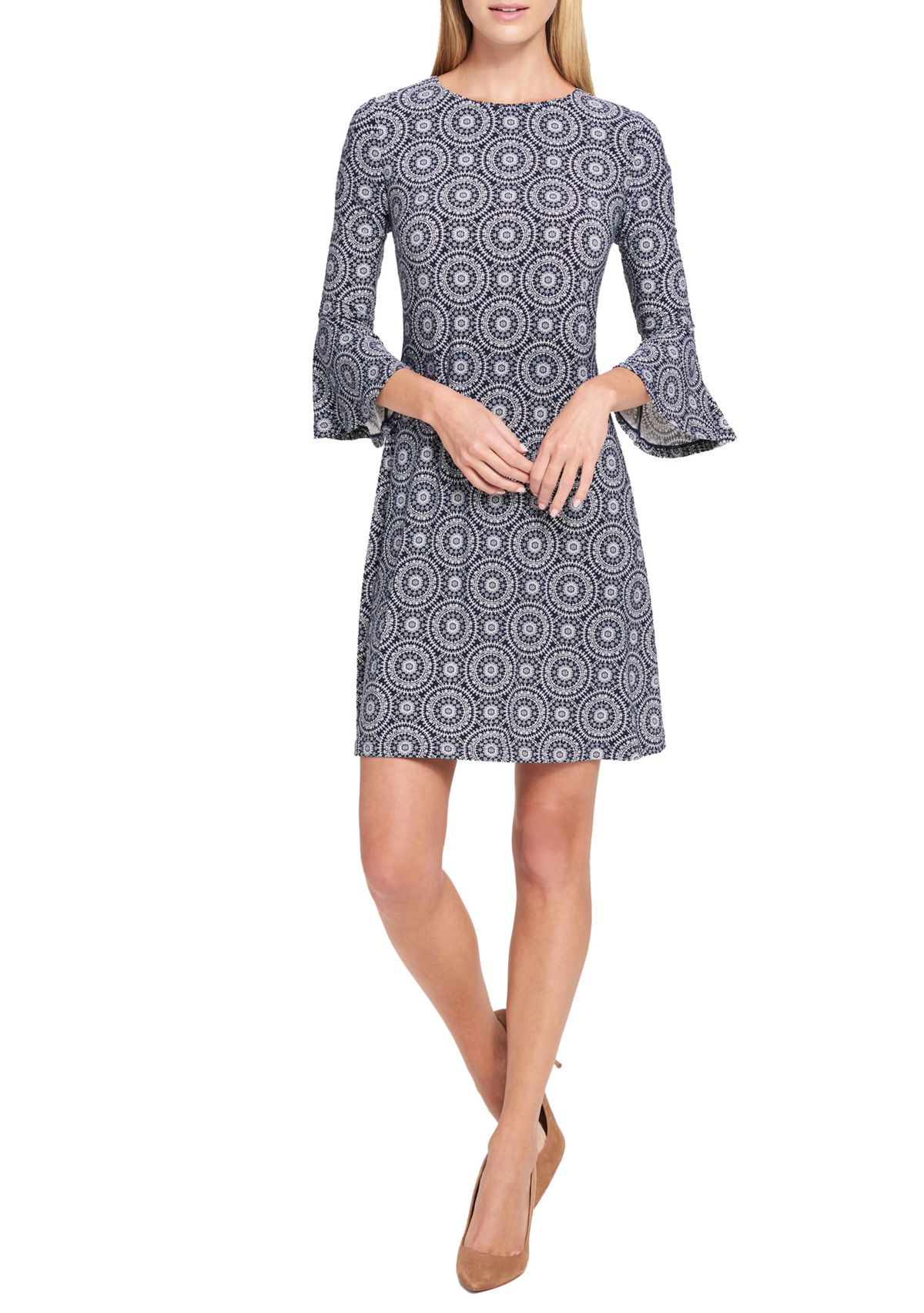 Womens Mini Daisy Chain Jersey Shift Dress with Bell Sleeves