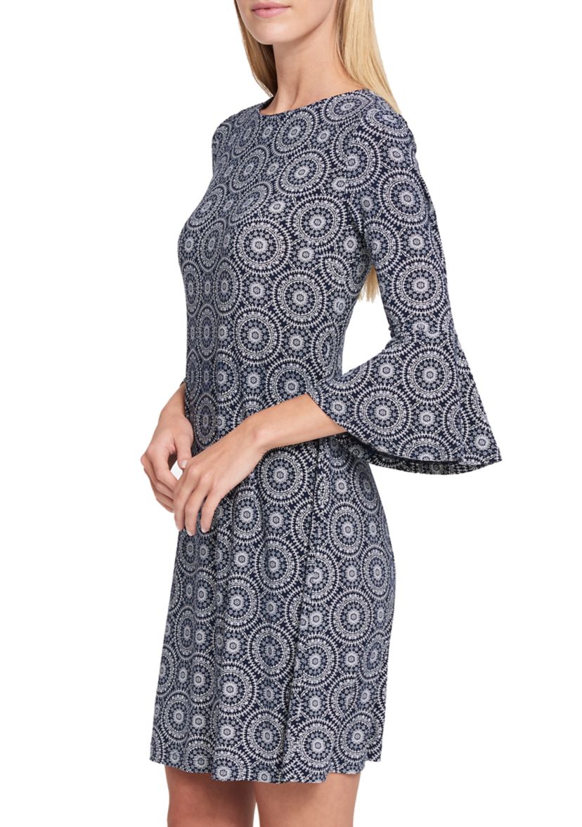 Womens Mini Daisy Chain Jersey Shift Dress with Bell Sleeves
