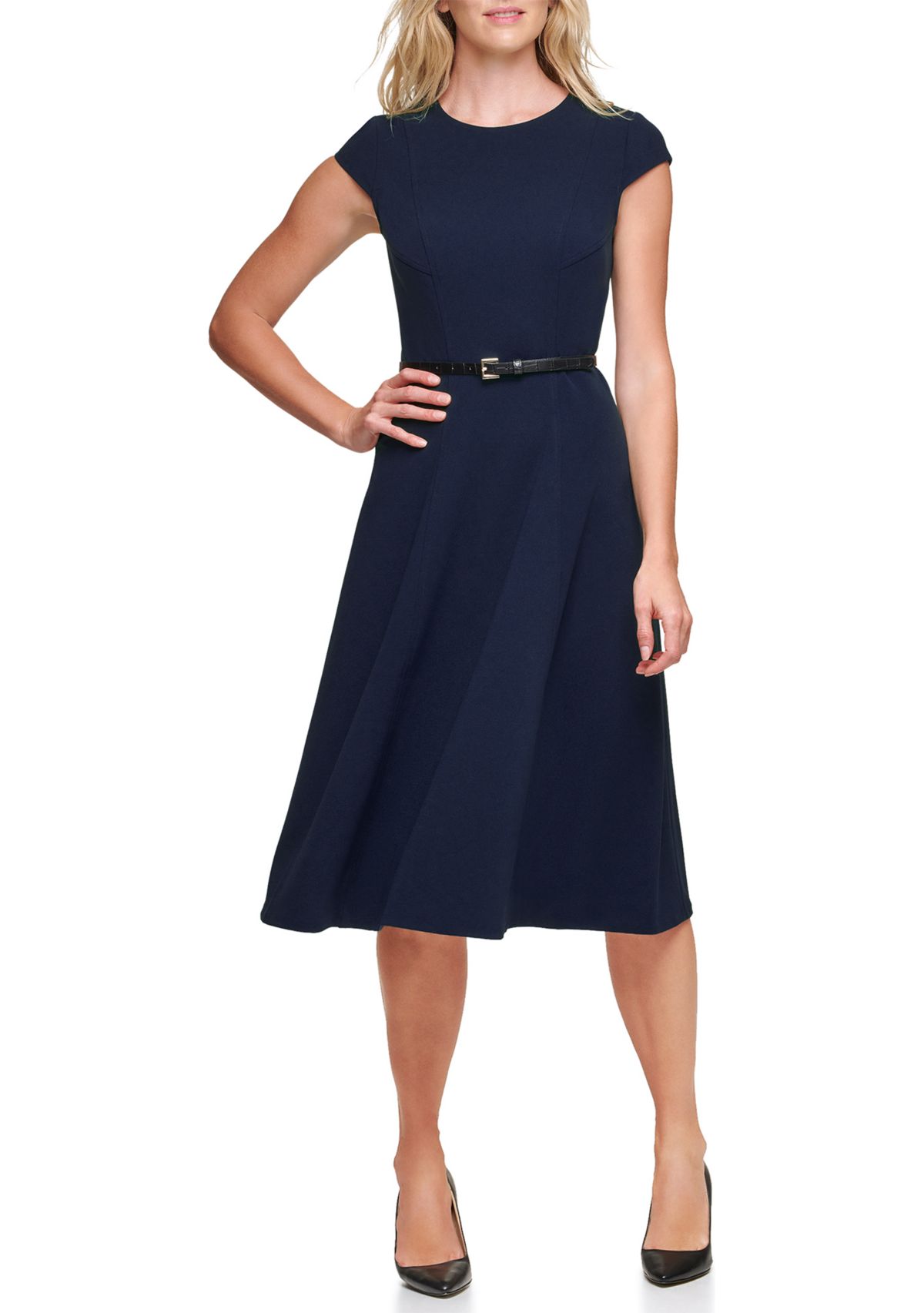 Womens Round Neck Belted Fit and Flare Scuba Dress