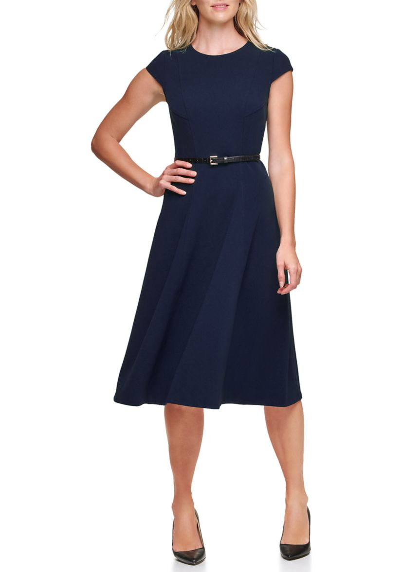 Womens Round Neck Belted Fit and Flare Scuba Dress