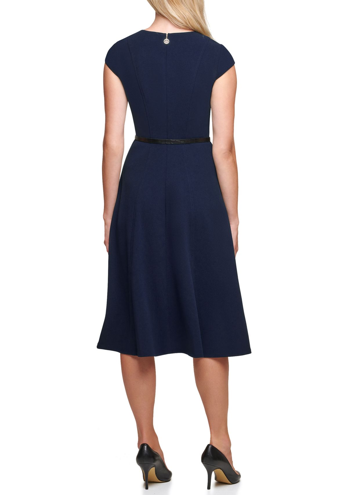 Womens Round Neck Belted Fit and Flare Scuba Dress