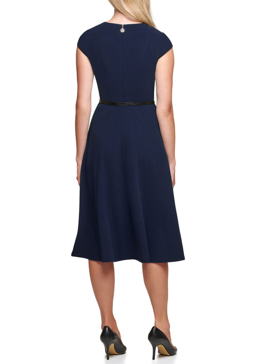 Womens Round Neck Belted Fit and Flare Scuba Dress