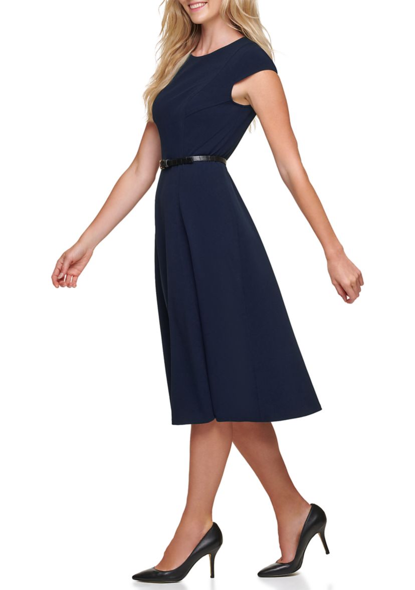 Womens Round Neck Belted Fit and Flare Scuba Dress