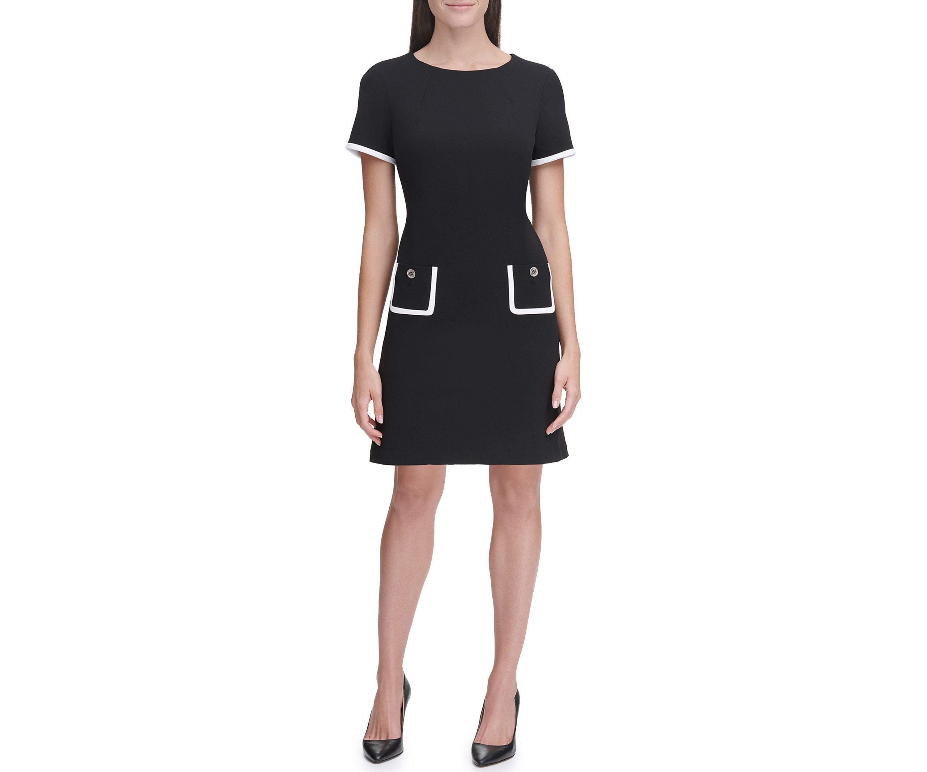 Womens Short Sleeve Scuba Crepe Pocket Shift Dress