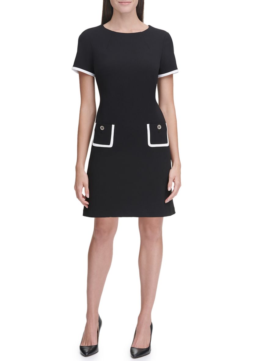 Womens Short Sleeve Scuba Crepe Pocket Shift Dress