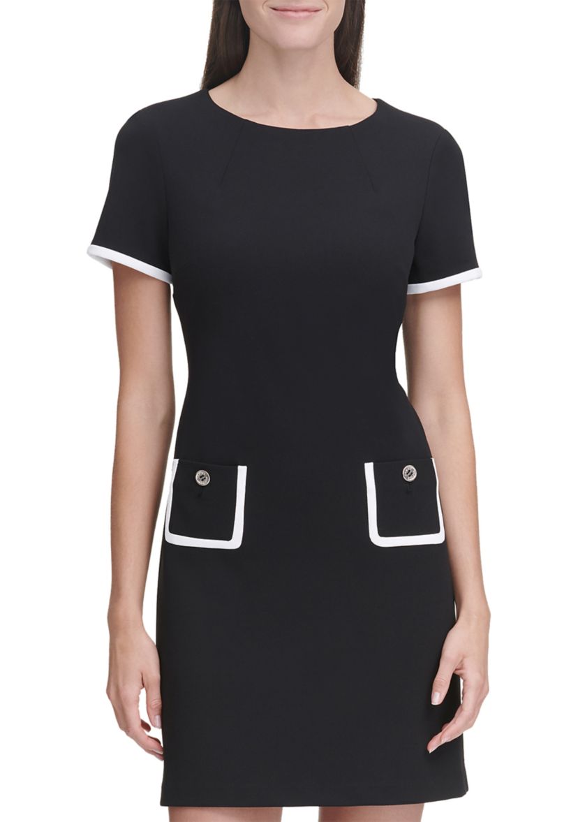 Womens Short Sleeve Scuba Crepe Pocket Shift Dress