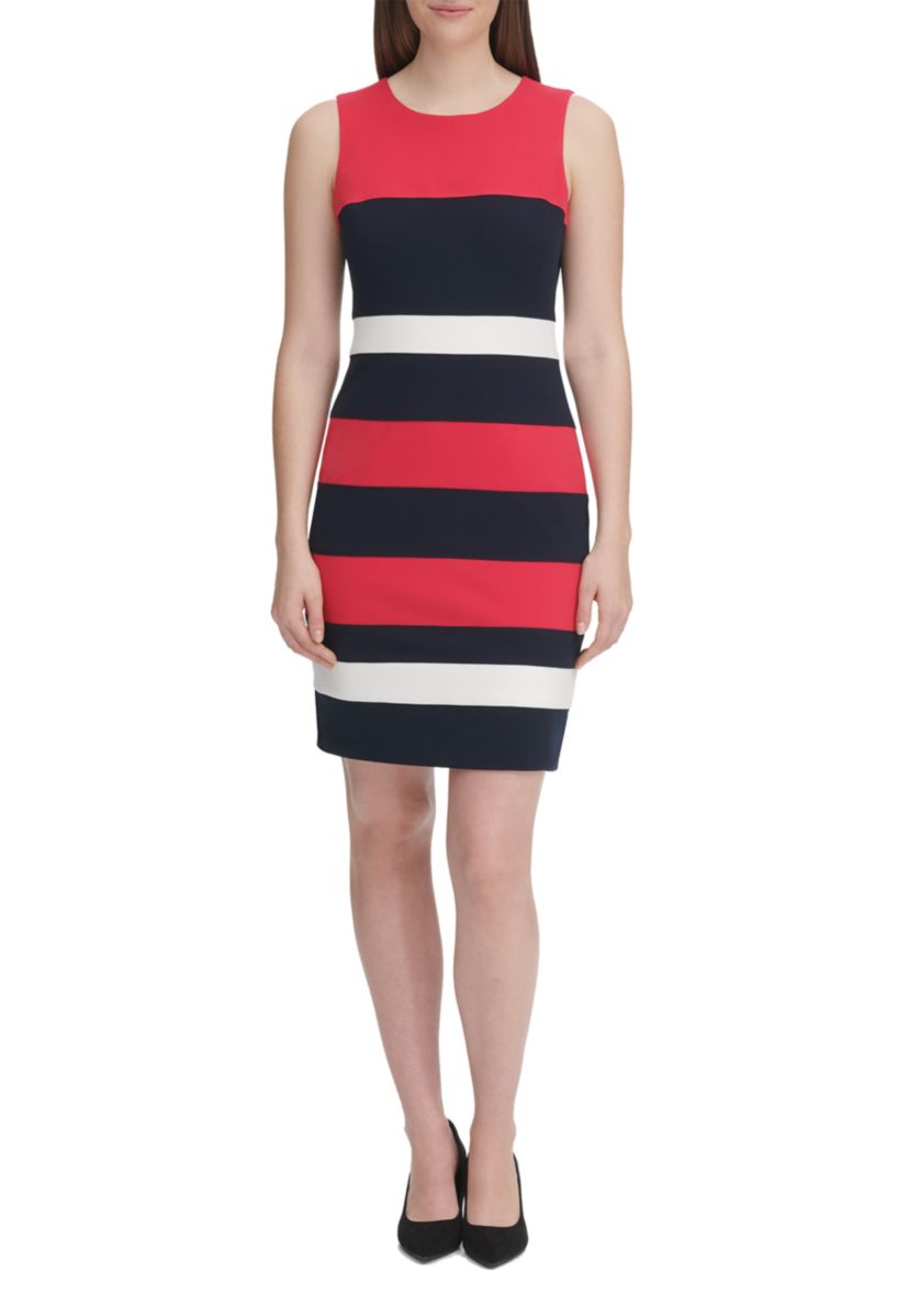 Womens Sleeveless Color Block Scuba Crepe Sheath Dress 