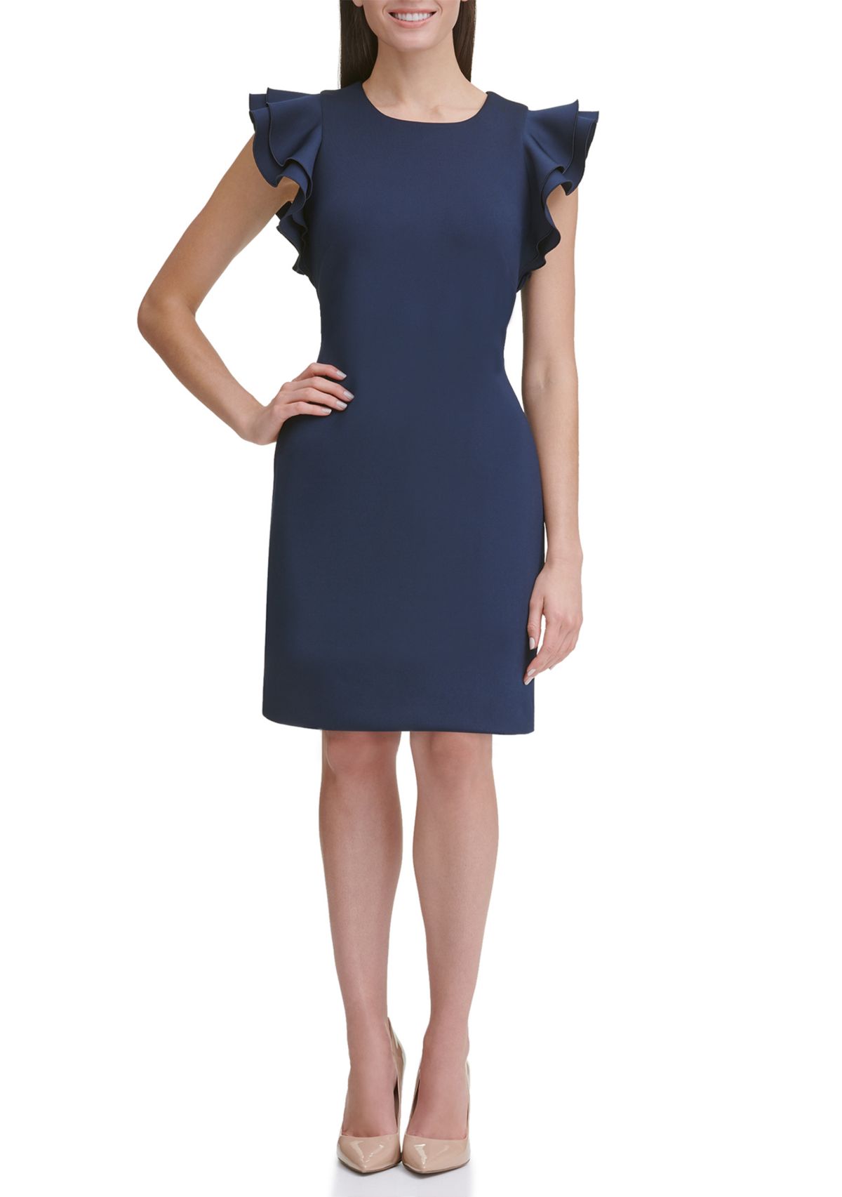 Womens Scuba Sheath Dress with Flutter Sleeves