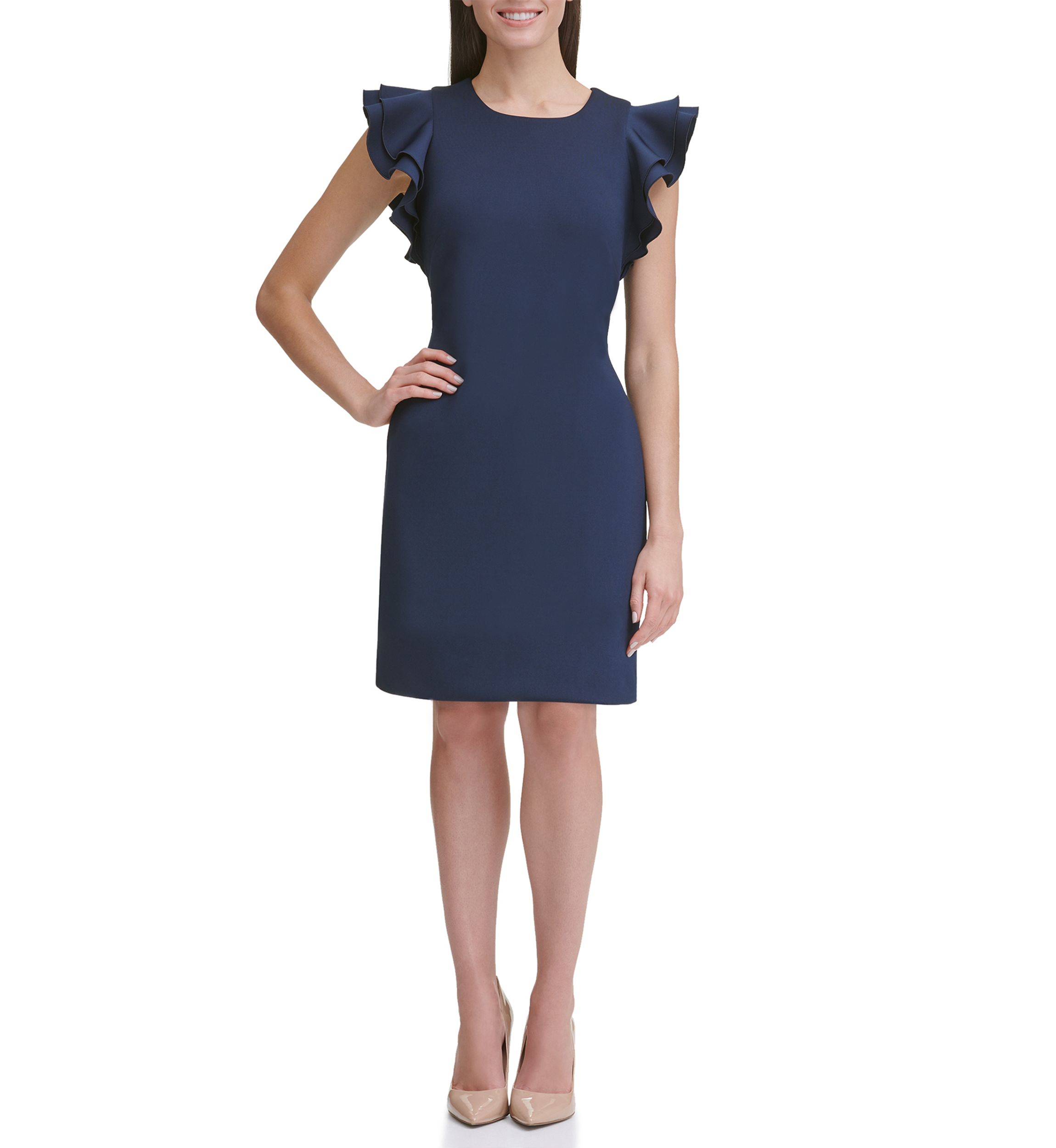 Womens Scuba Sheath Dress with Flutter Sleeves