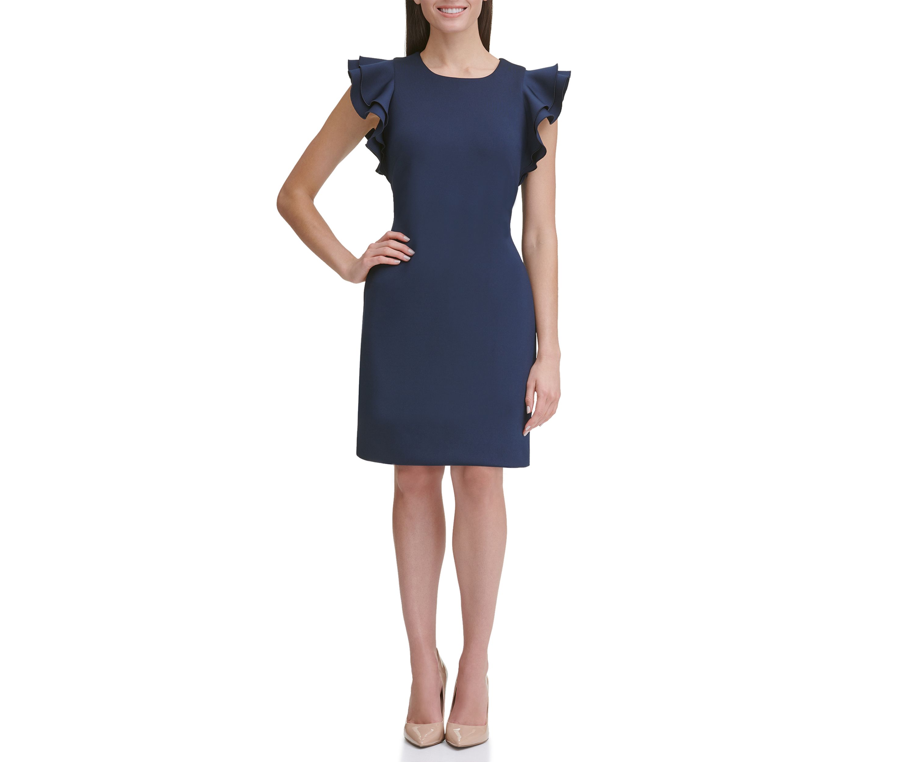 Womens Scuba Sheath Dress with Flutter Sleeves