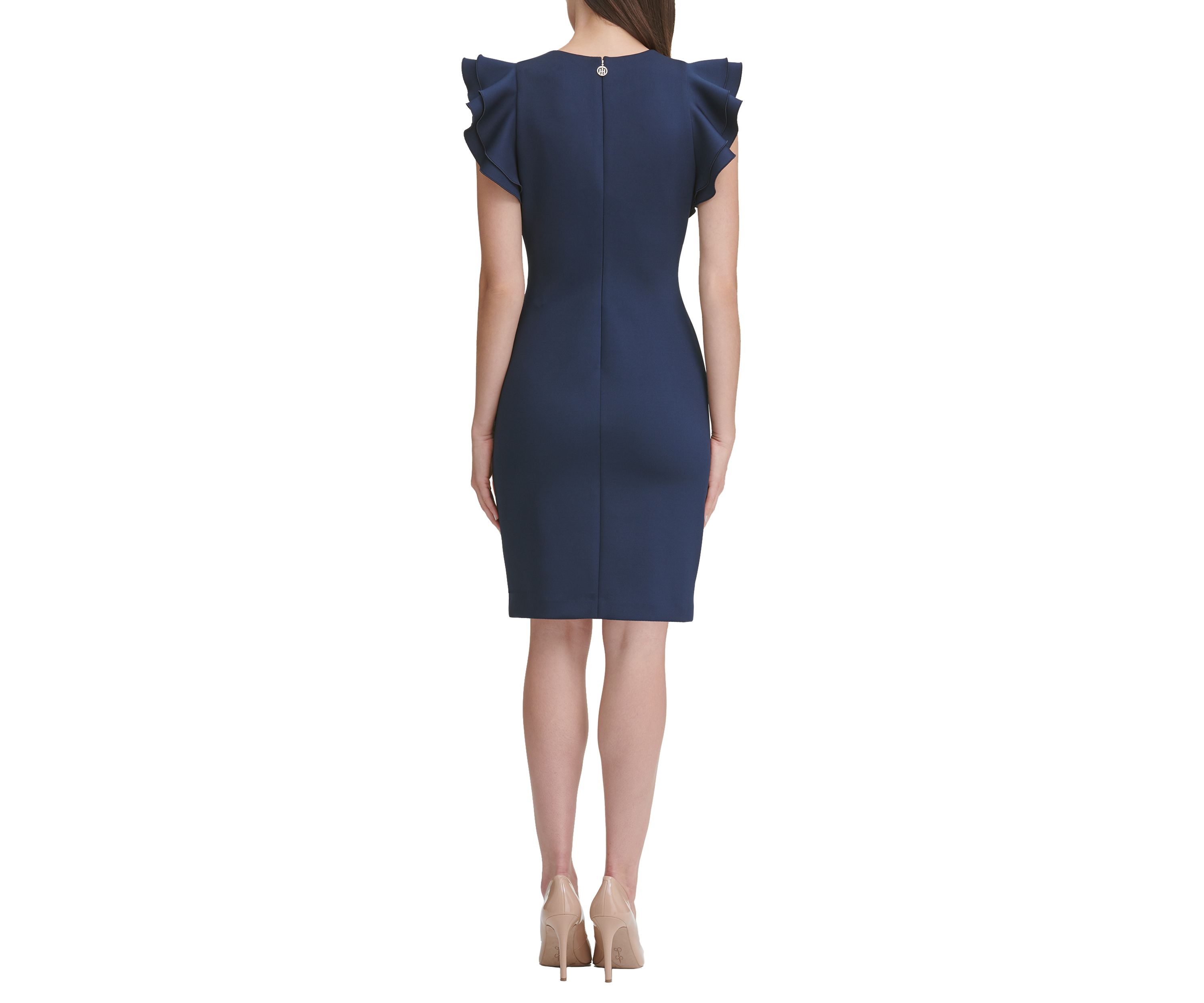Womens Scuba Sheath Dress with Flutter Sleeves