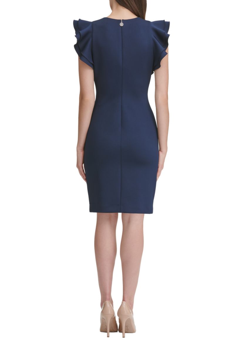 Womens Scuba Sheath Dress with Flutter Sleeves