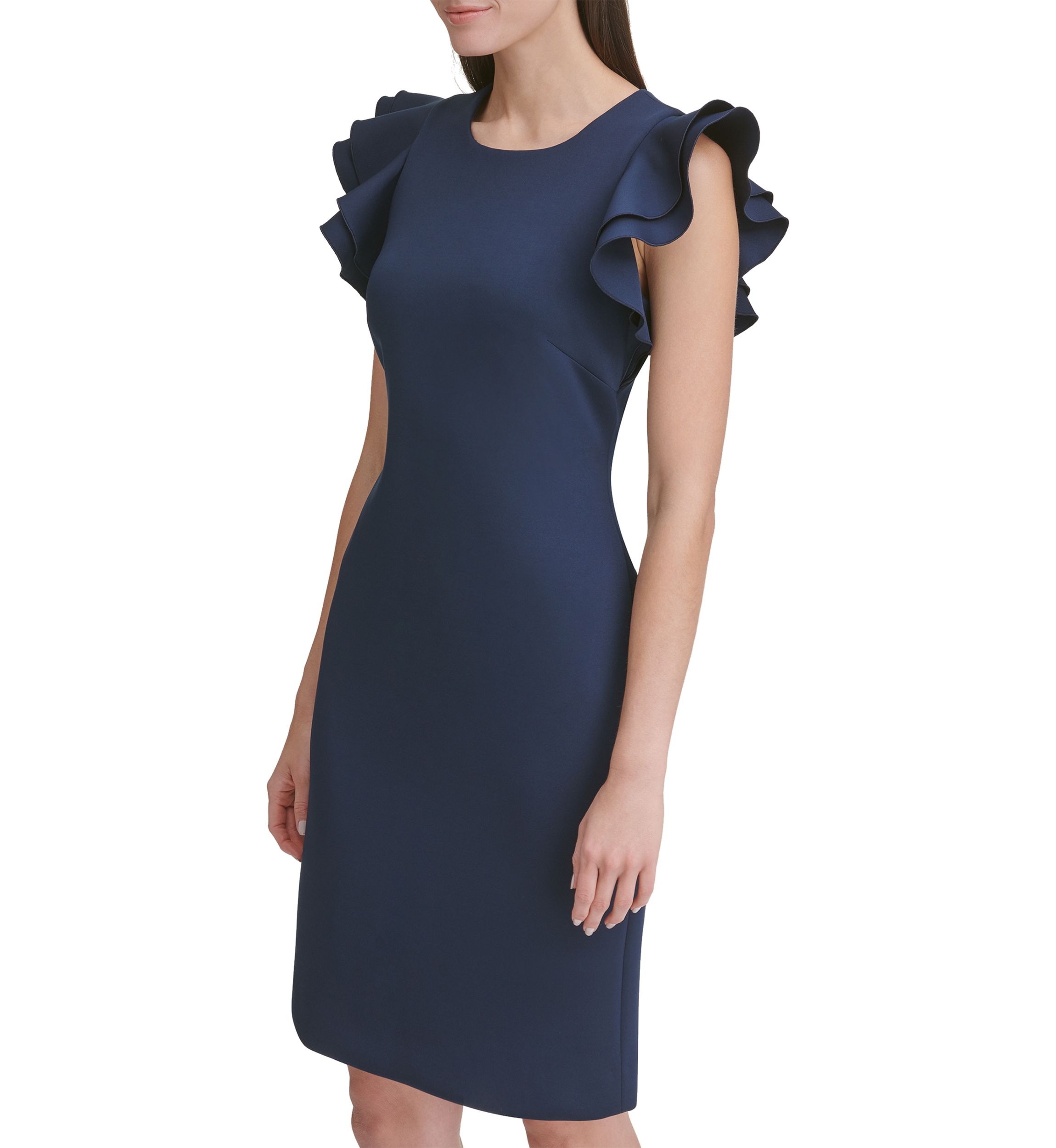 Womens Scuba Sheath Dress with Flutter Sleeves