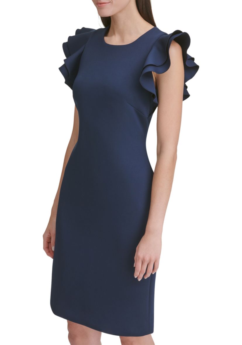 Womens Scuba Sheath Dress with Flutter Sleeves