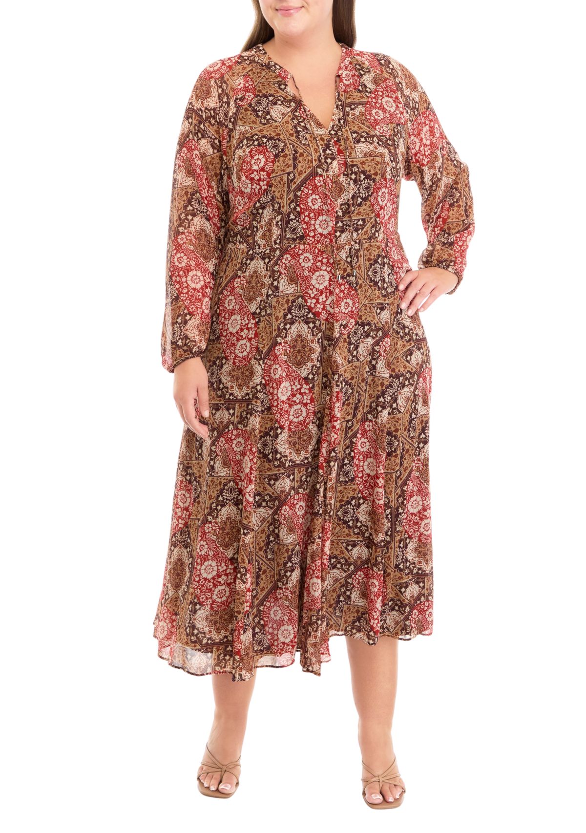 Plus Size Long Sleeve Tie Neck Paisley Chiffon Midi Dress