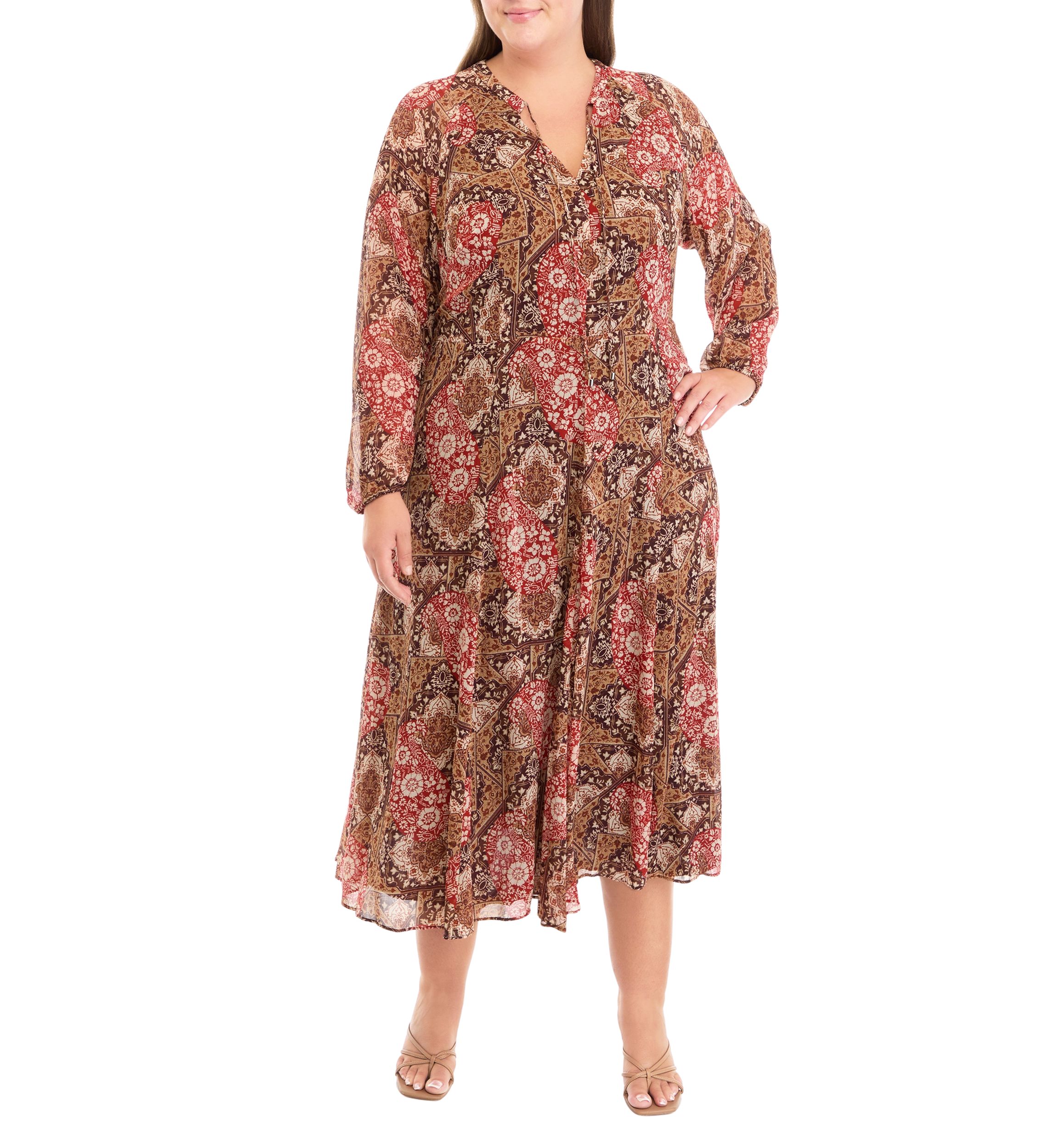 Plus Size Long Sleeve Tie Neck Paisley Chiffon Midi Dress