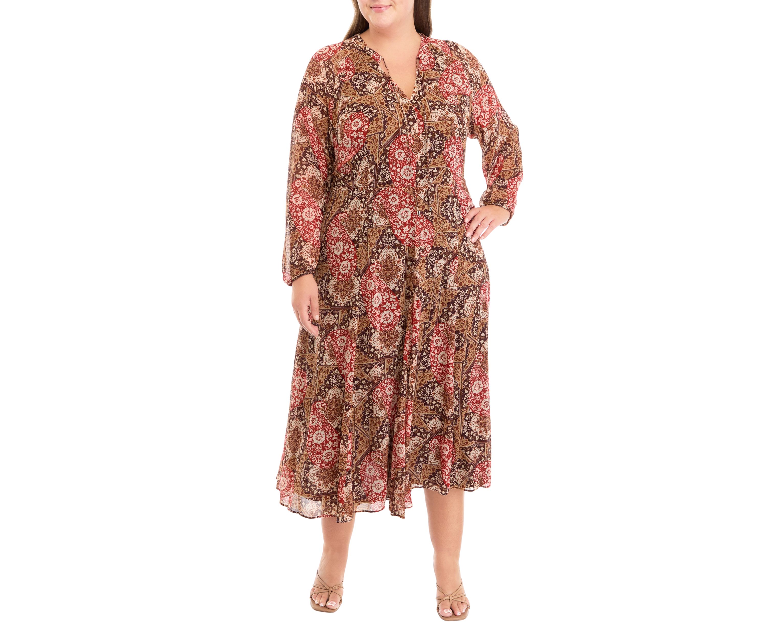 Plus Size Long Sleeve Tie Neck Paisley Chiffon Midi Dress