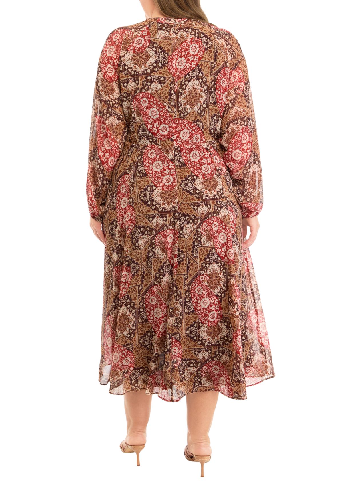 Plus Size Long Sleeve Tie Neck Paisley Chiffon Midi Dress