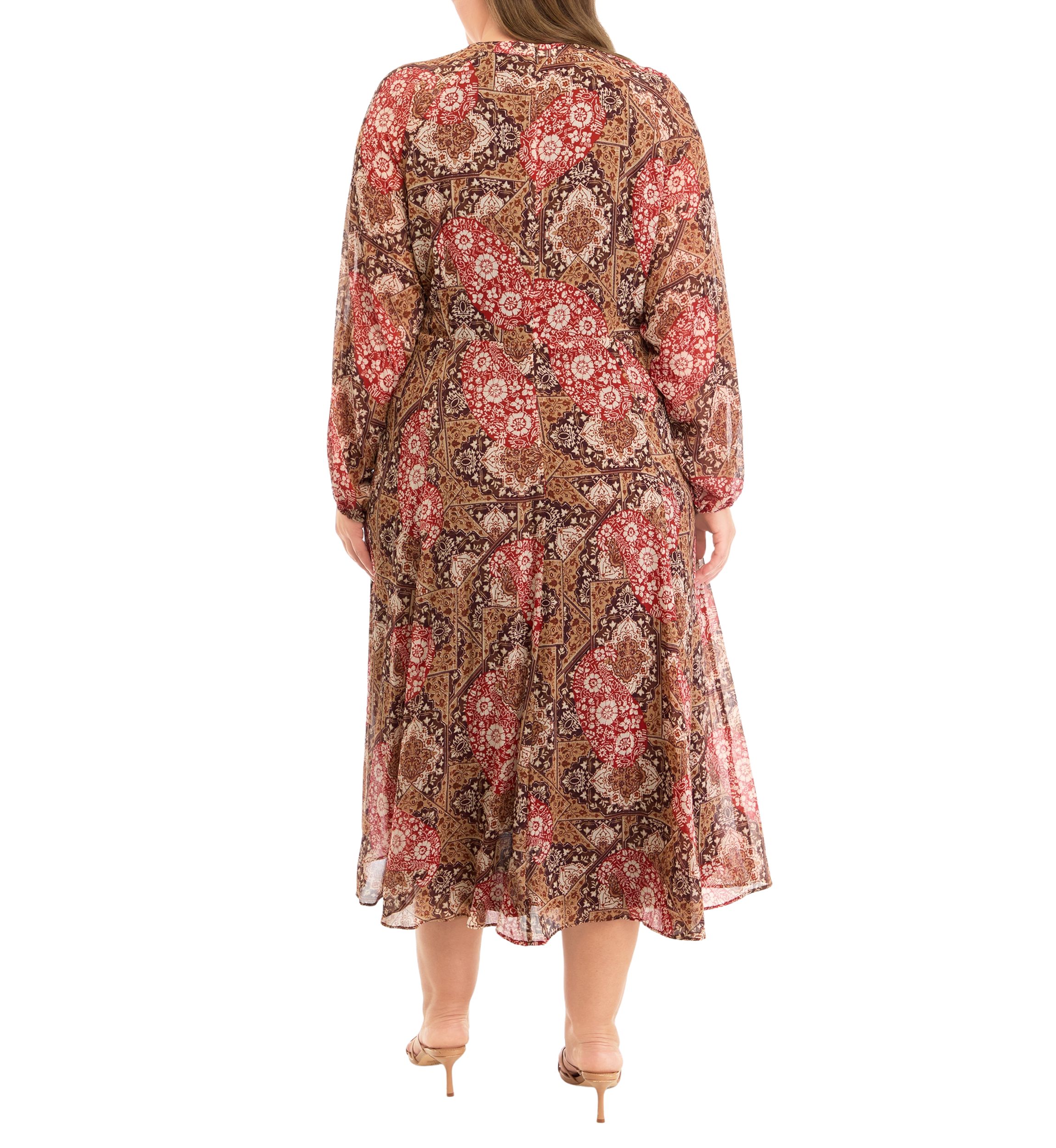 Plus Size Long Sleeve Tie Neck Paisley Chiffon Midi Dress