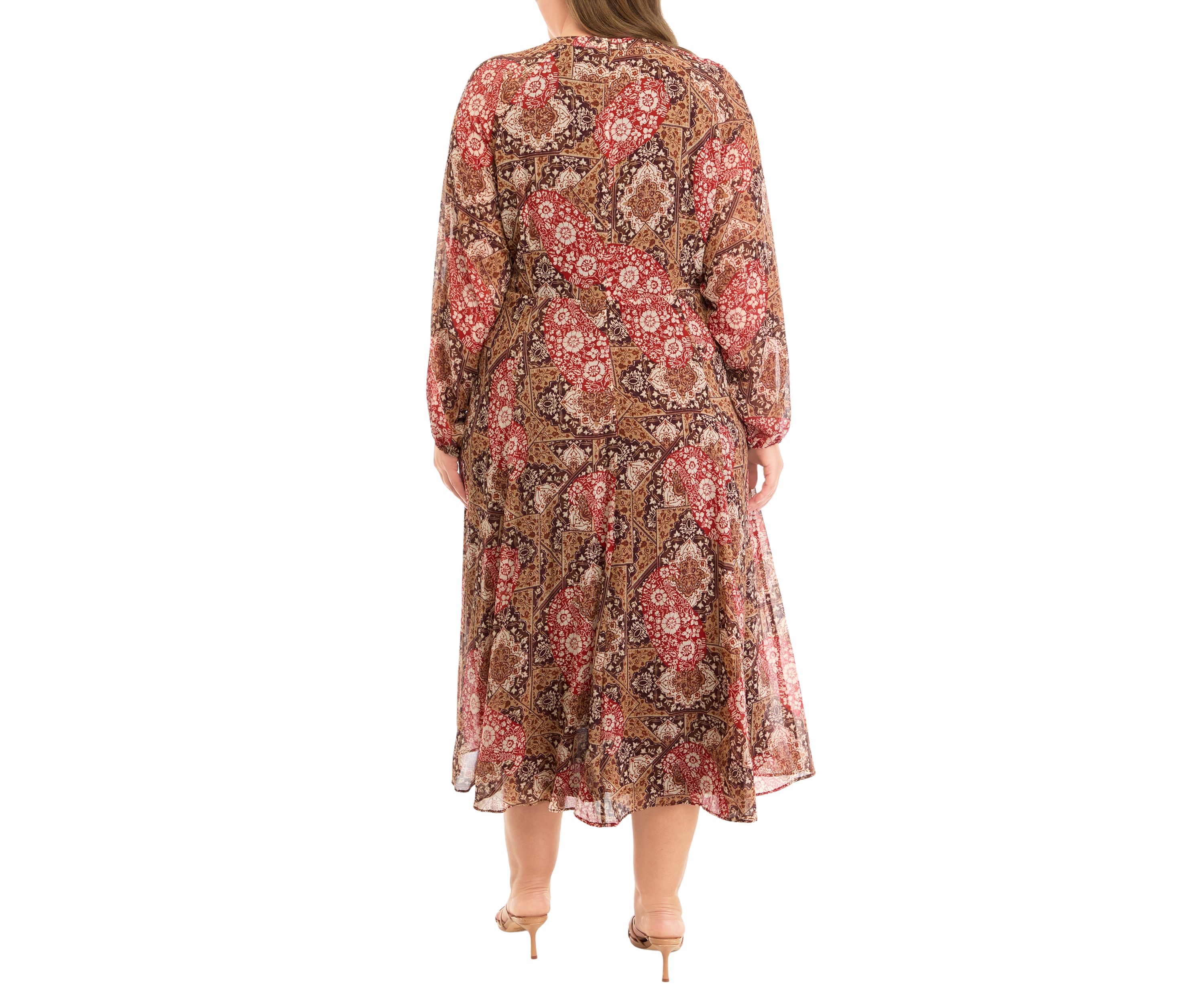 Plus Size Long Sleeve Tie Neck Paisley Chiffon Midi Dress