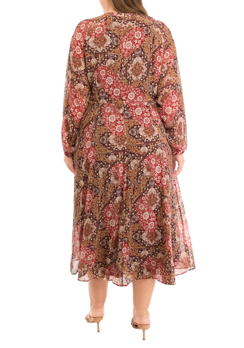Plus Size Long Sleeve Tie Neck Paisley Chiffon Midi Dress