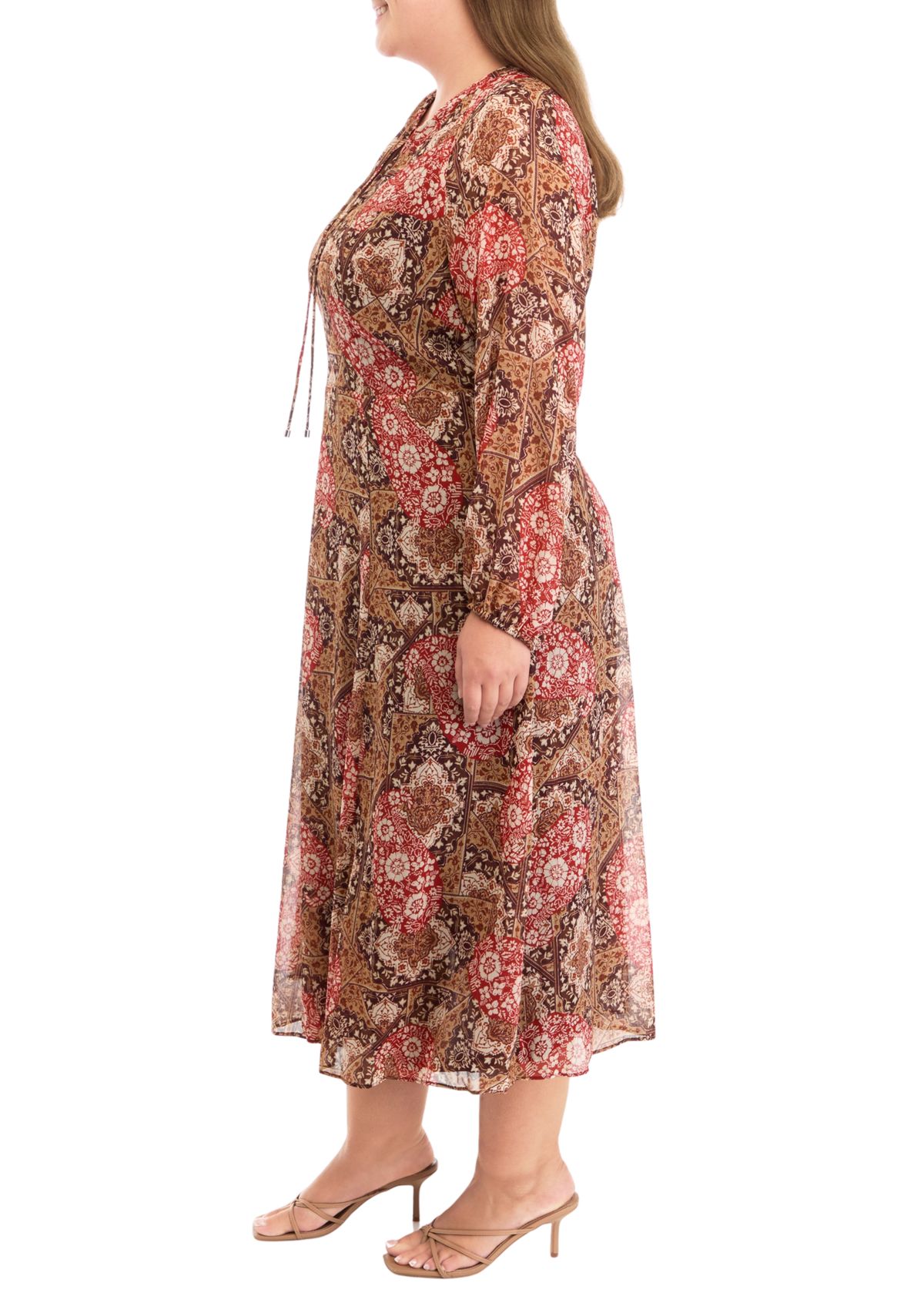Plus Size Long Sleeve Tie Neck Paisley Chiffon Midi Dress