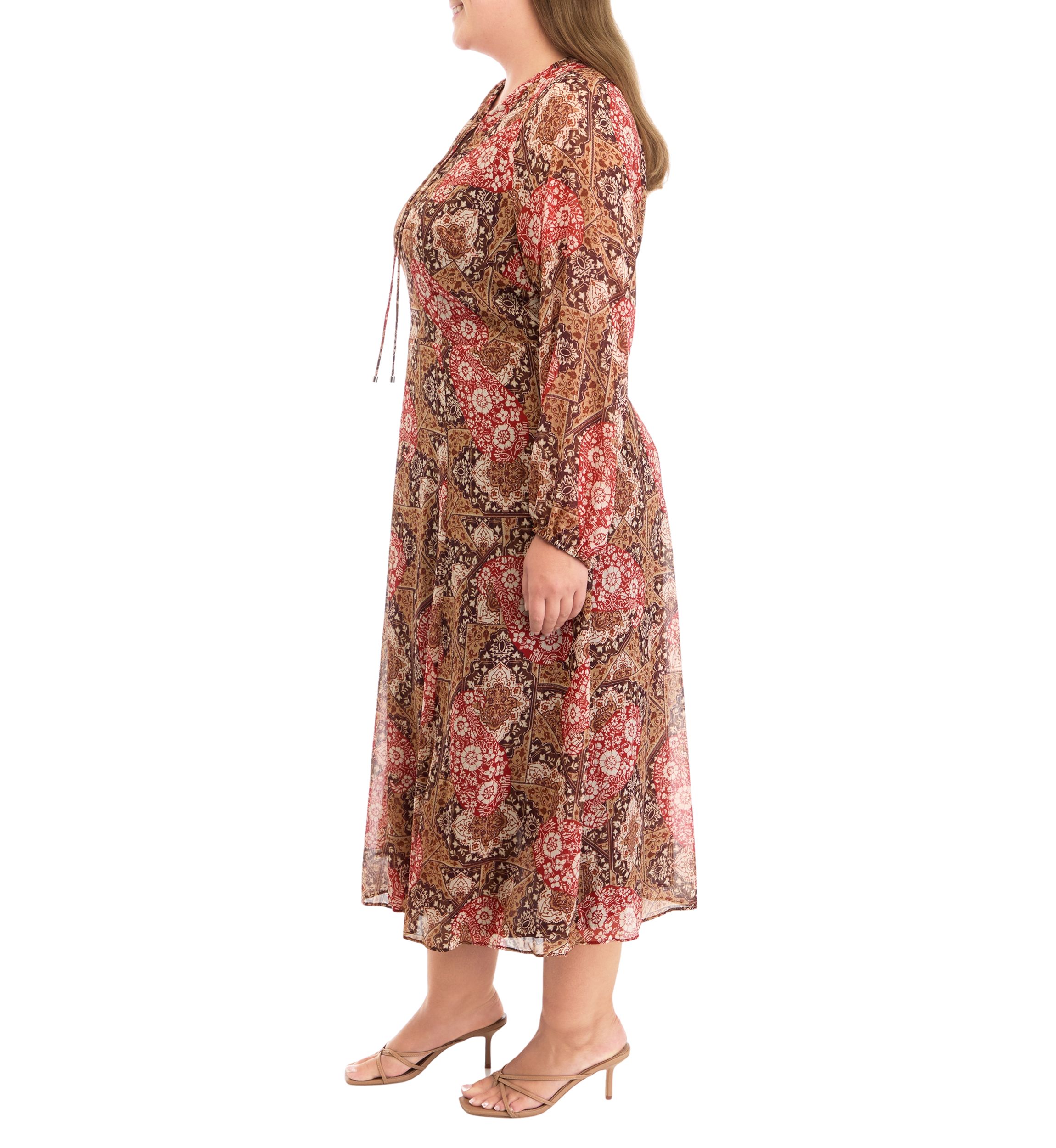 Plus Size Long Sleeve Tie Neck Paisley Chiffon Midi Dress