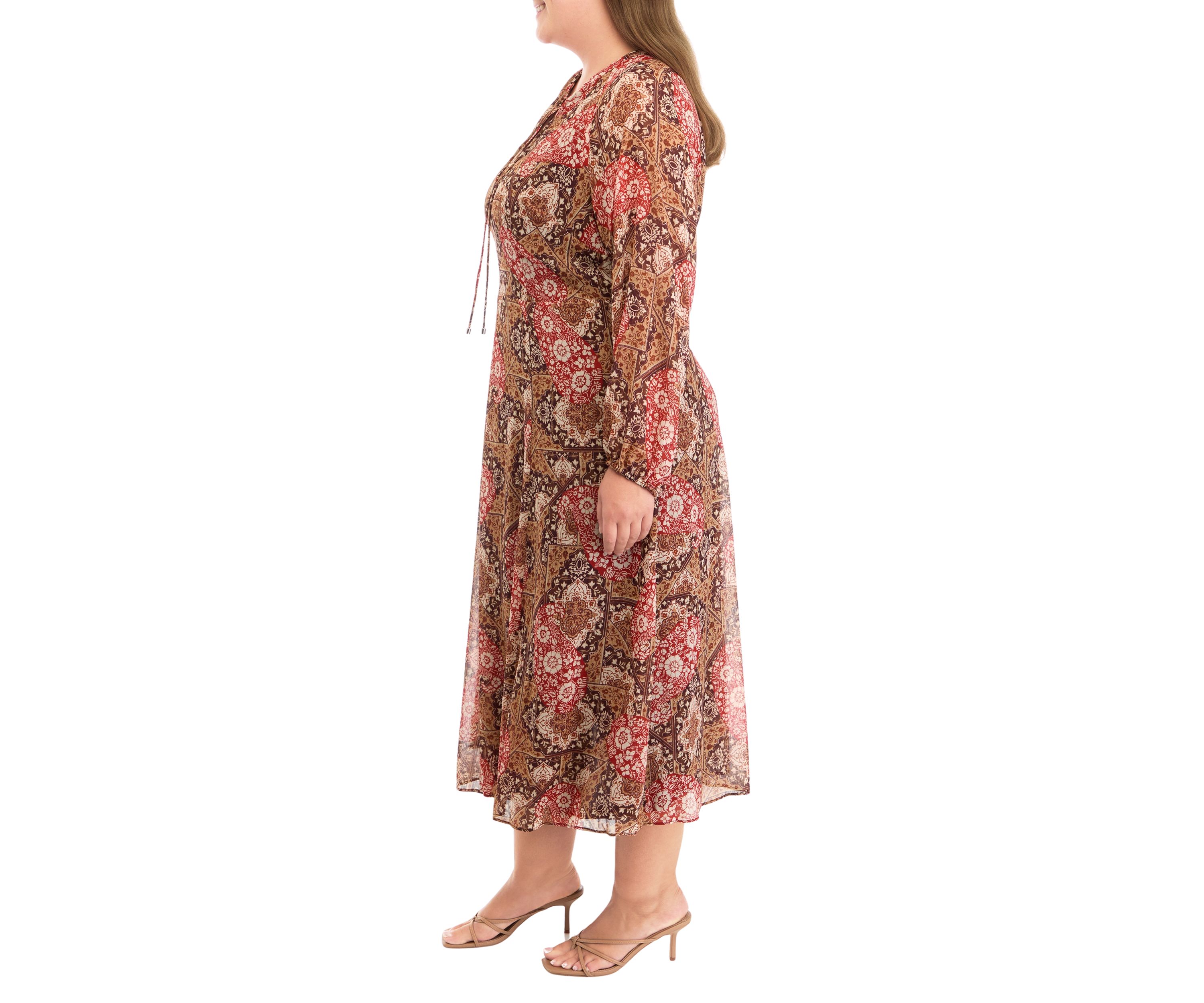 Plus Size Long Sleeve Tie Neck Paisley Chiffon Midi Dress
