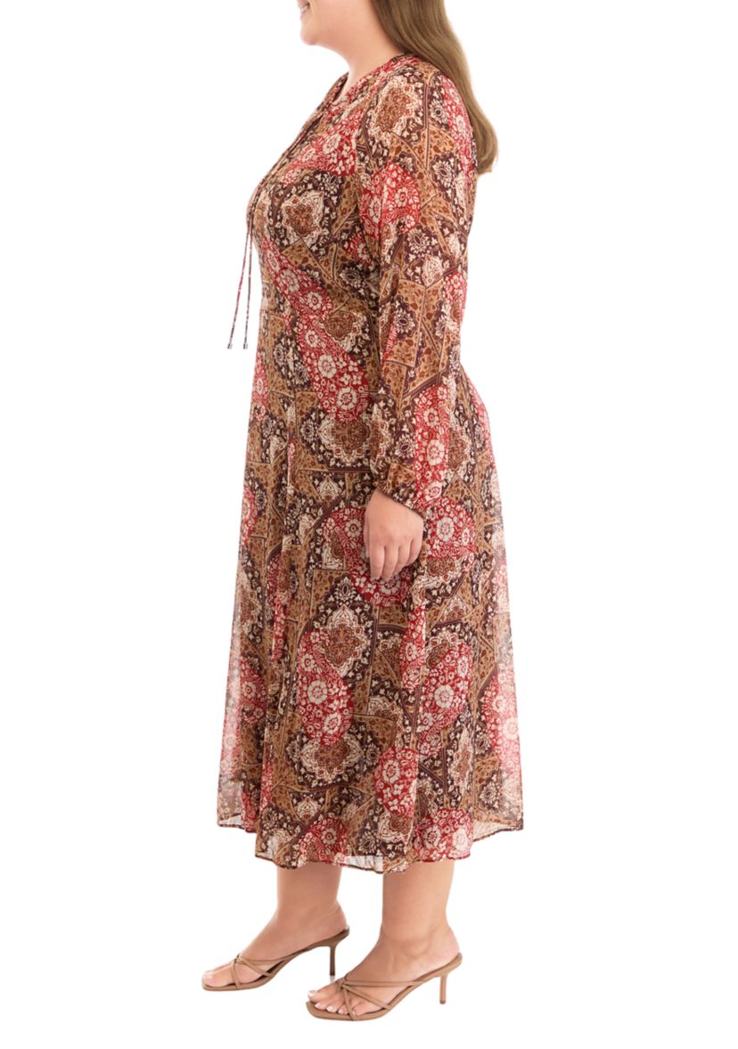 Plus Size Long Sleeve Tie Neck Paisley Chiffon Midi Dress
