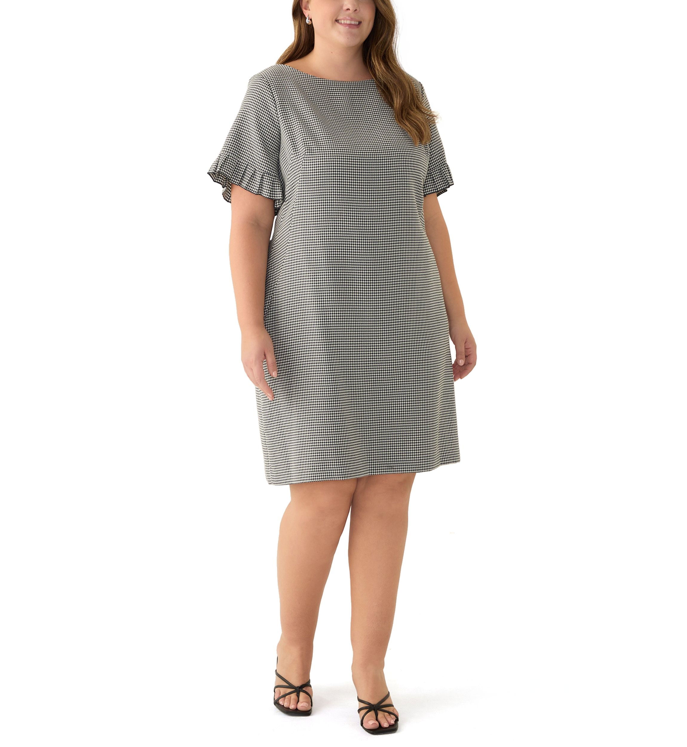 Plus Size Pleated Short Sleeve Houndstooth Shift Dress