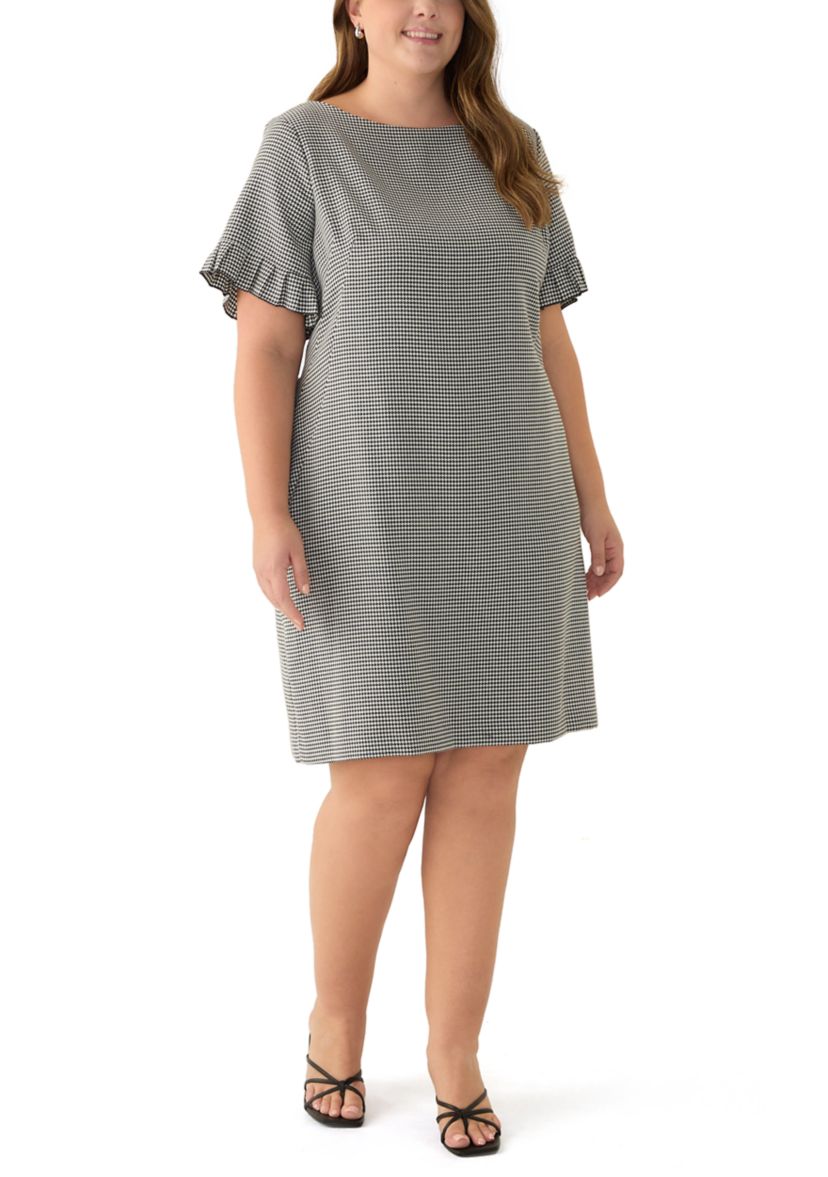 Plus Size Pleated Short Sleeve Houndstooth Shift Dress