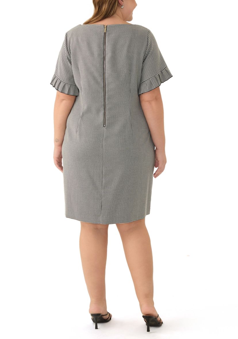 Plus Size Pleated Short Sleeve Houndstooth Shift Dress