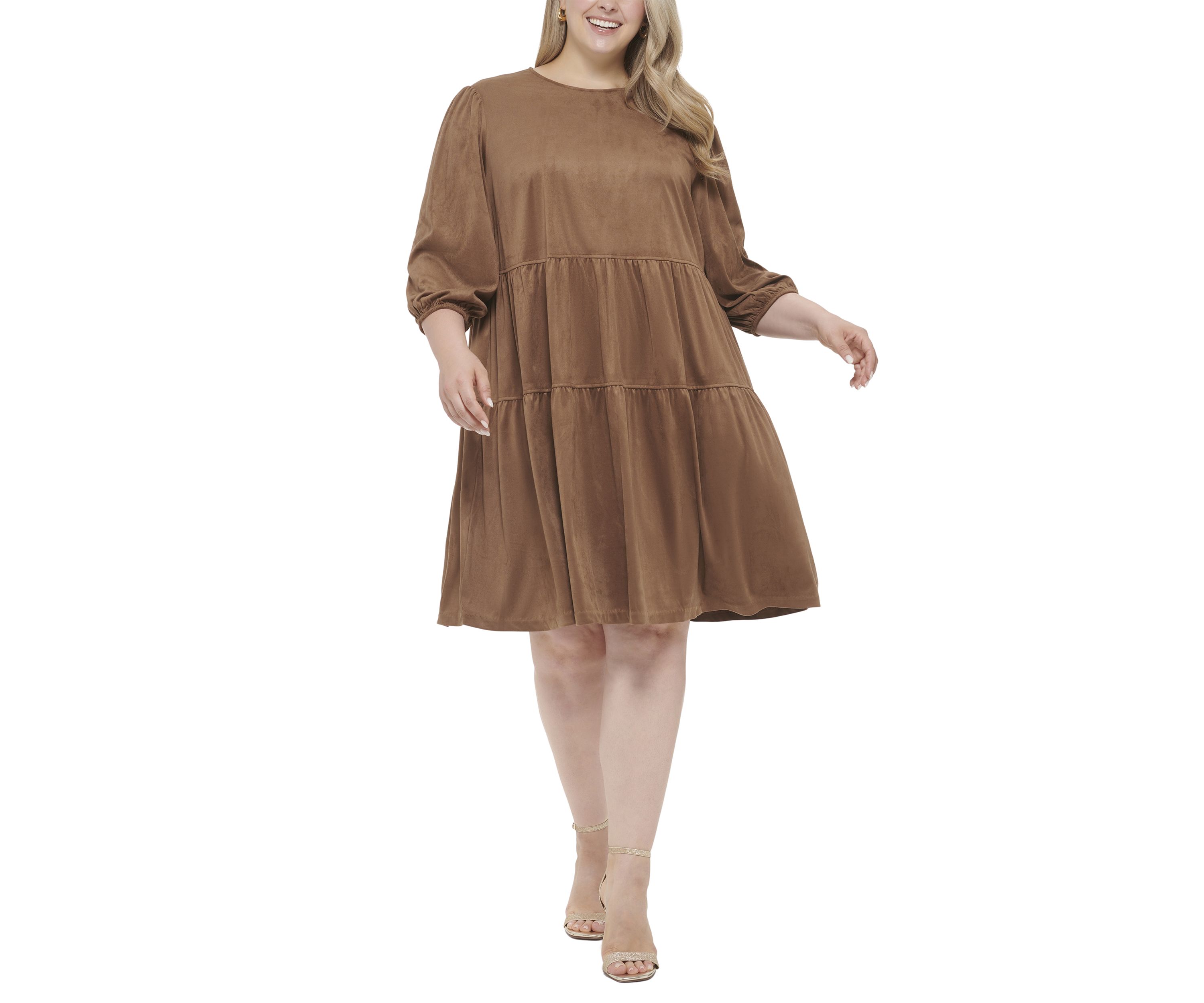 Womens Long Sleeve Faux Suede Tiered Shift Dress 