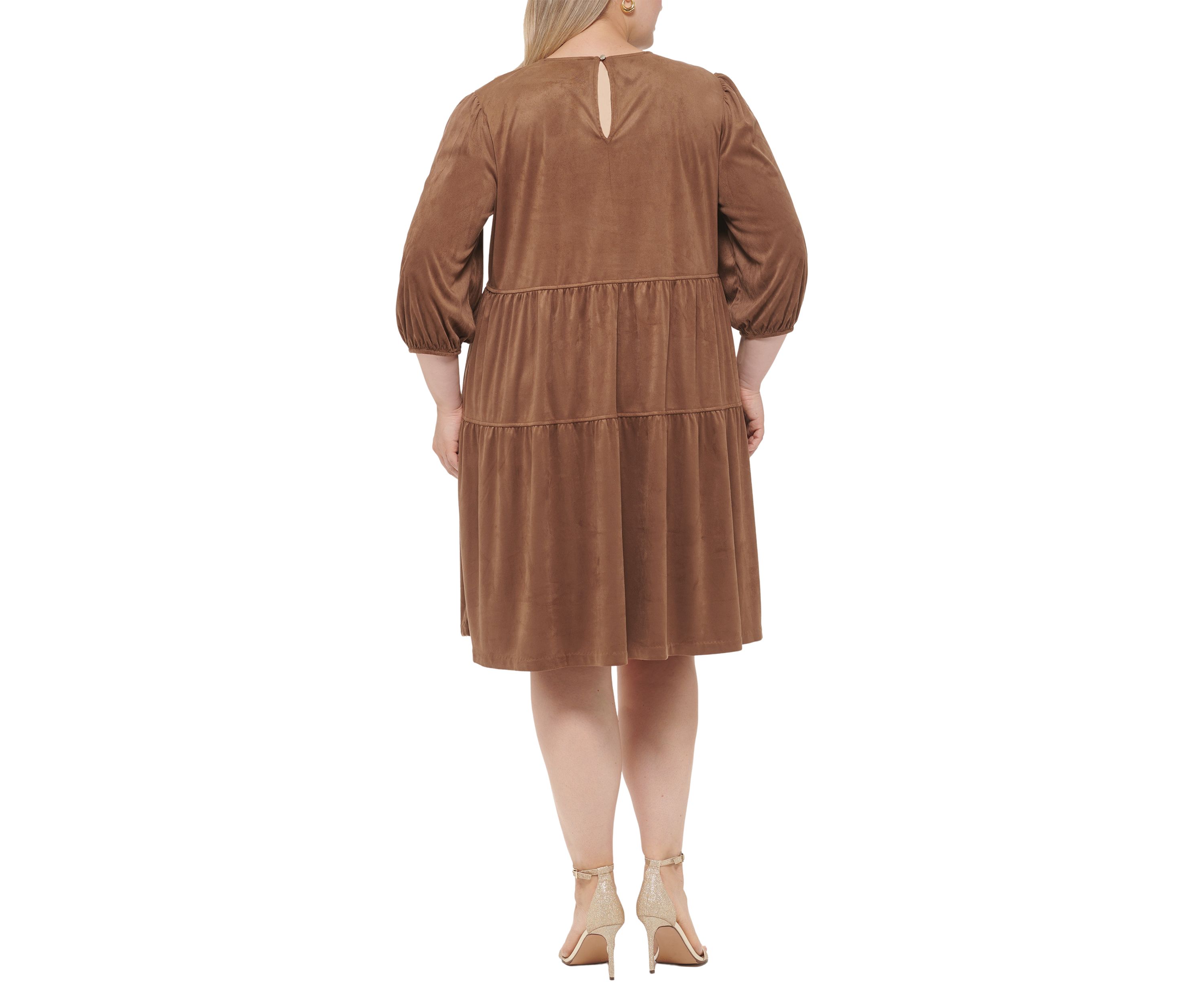 Womens Long Sleeve Faux Suede Tiered Shift Dress 