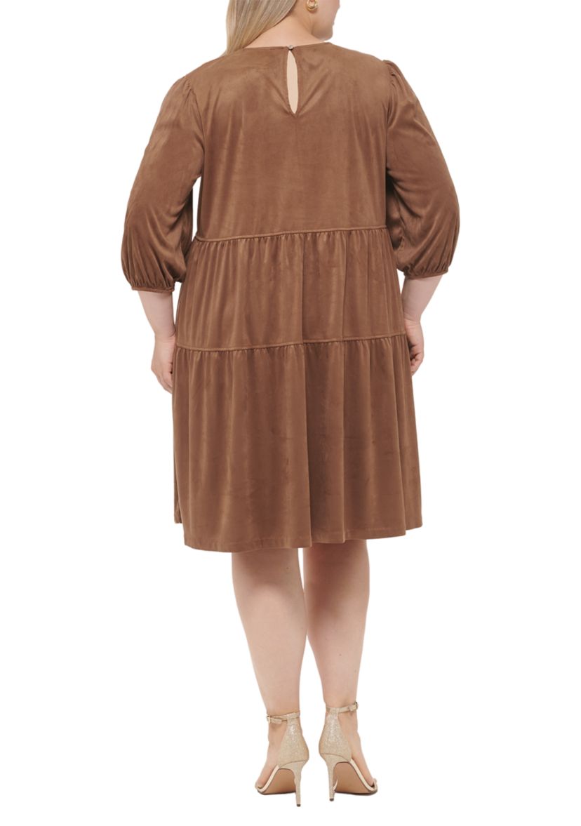 Womens Long Sleeve Faux Suede Tiered Shift Dress 