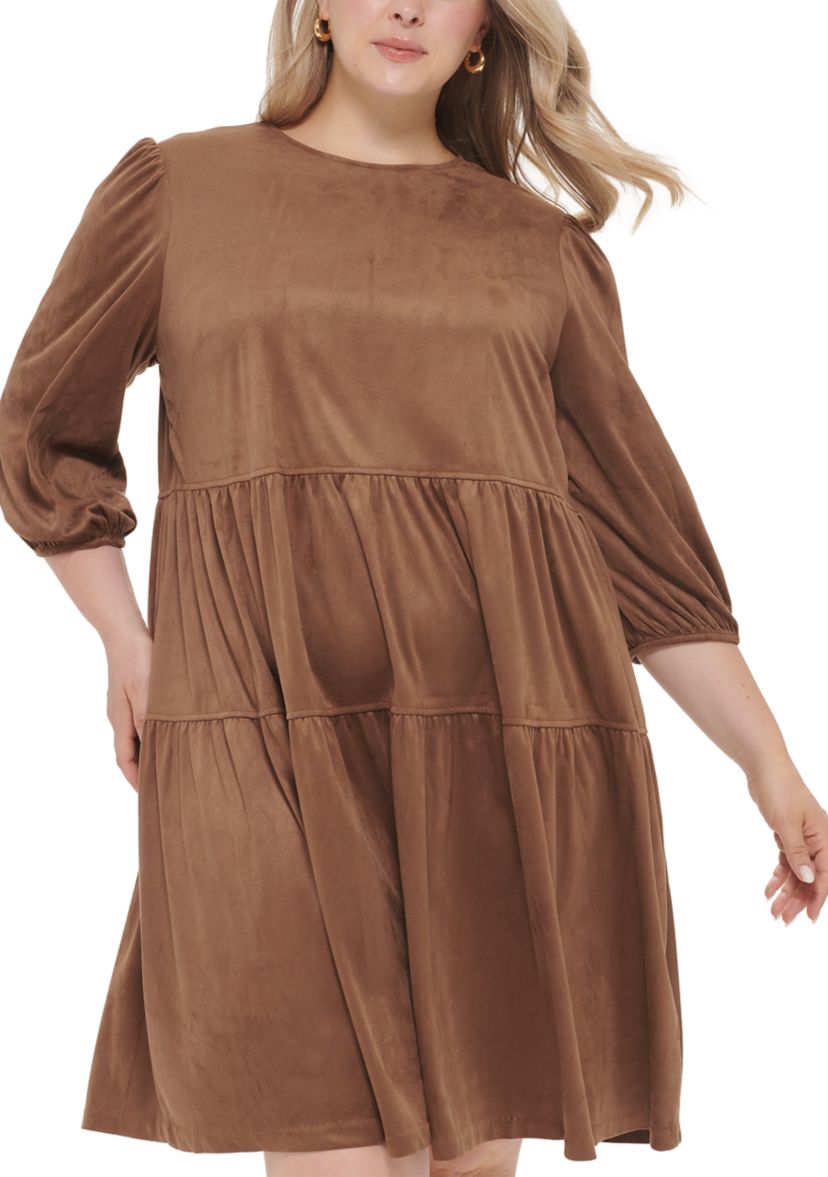 Womens Long Sleeve Faux Suede Tiered Shift Dress 