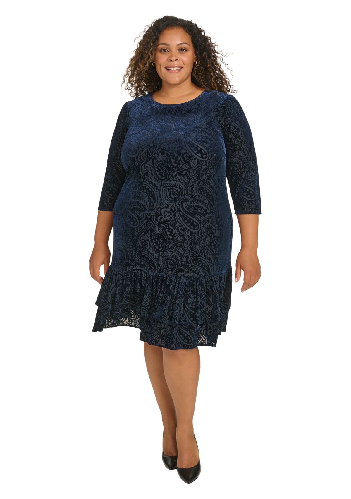 Plus Size 3/4 Sleeve Velvet Burnout Ruffle Hem Shift Dress