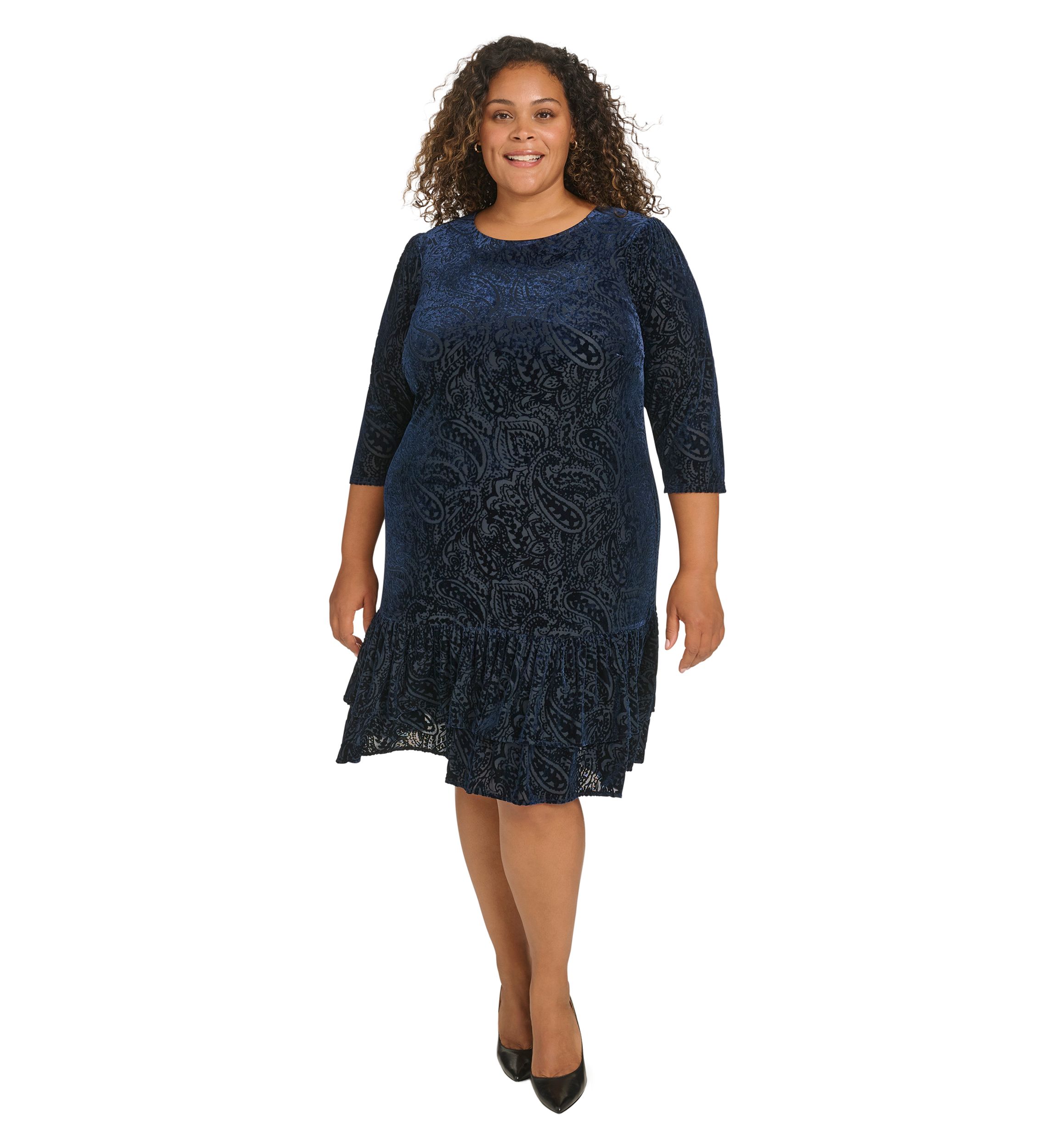 Plus Size 3/4 Sleeve Velvet Burnout Ruffle Hem Shift Dress