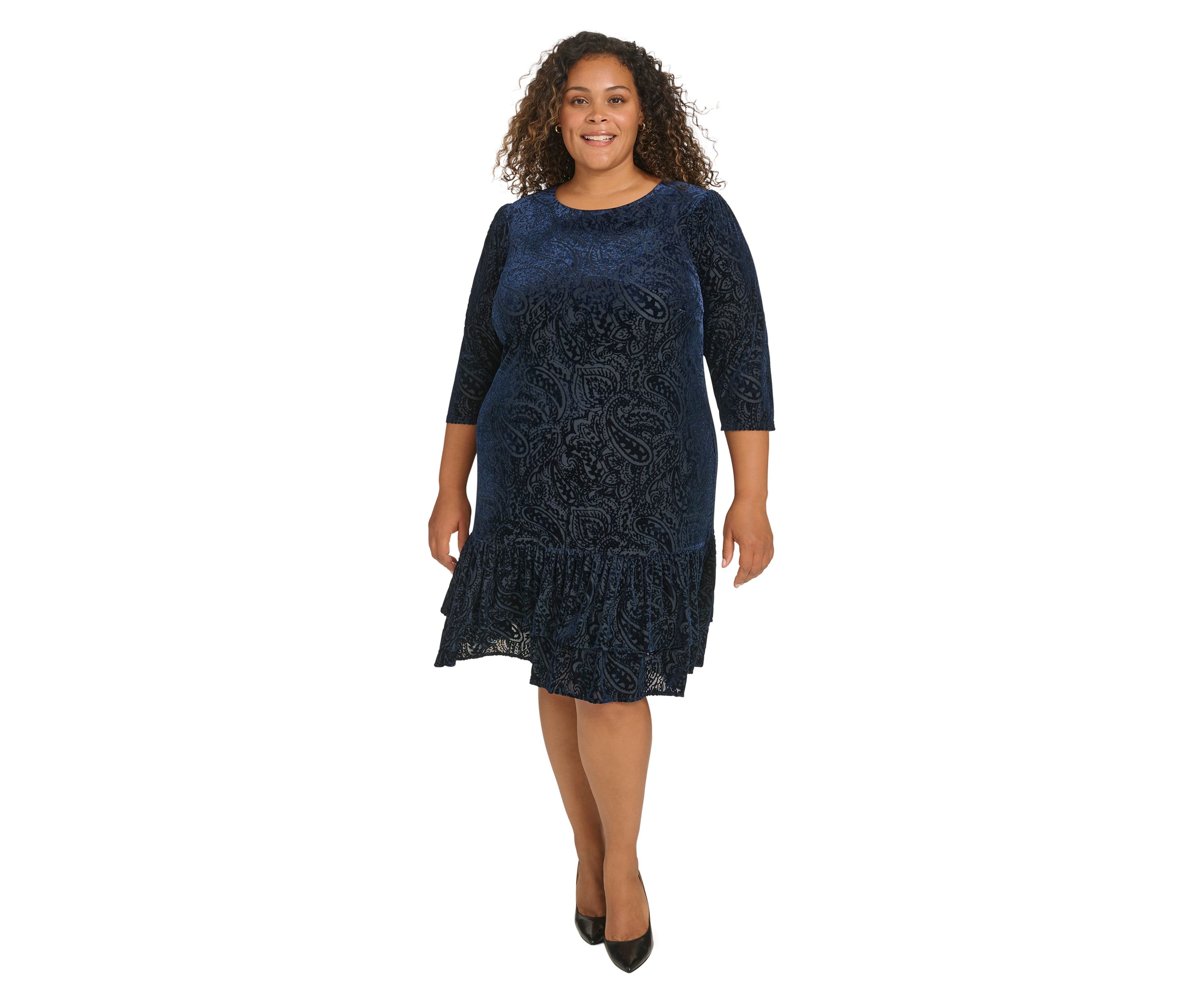 Plus Size 3/4 Sleeve Velvet Burnout Ruffle Hem Shift Dress