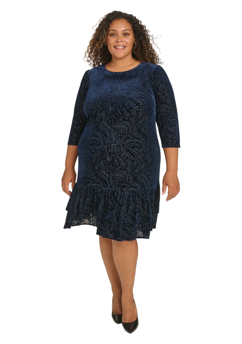 Plus Size 3/4 Sleeve Velvet Burnout Ruffle Hem Shift Dress