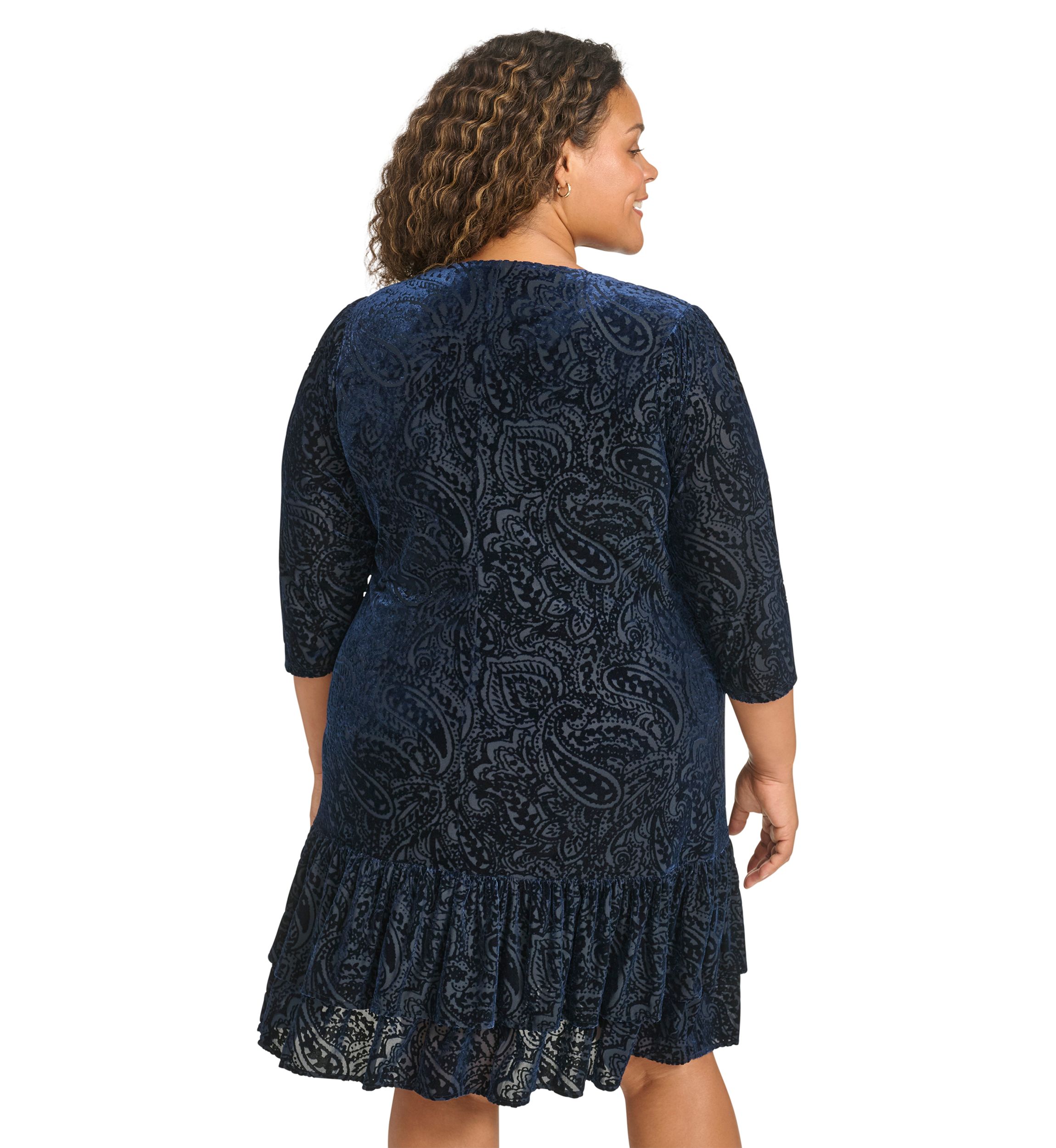 Plus Size 3/4 Sleeve Velvet Burnout Ruffle Hem Shift Dress