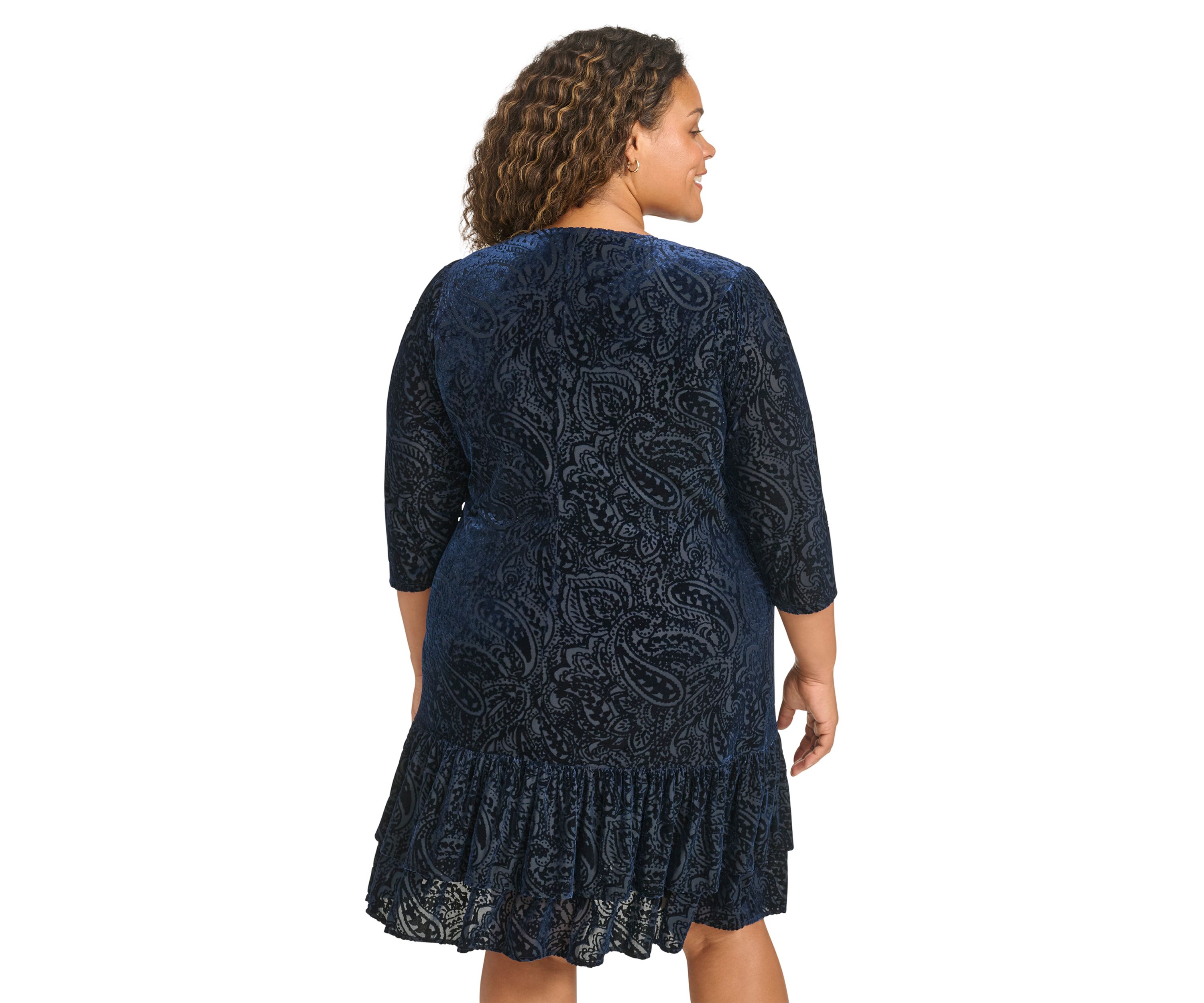 Plus Size 3/4 Sleeve Velvet Burnout Ruffle Hem Shift Dress