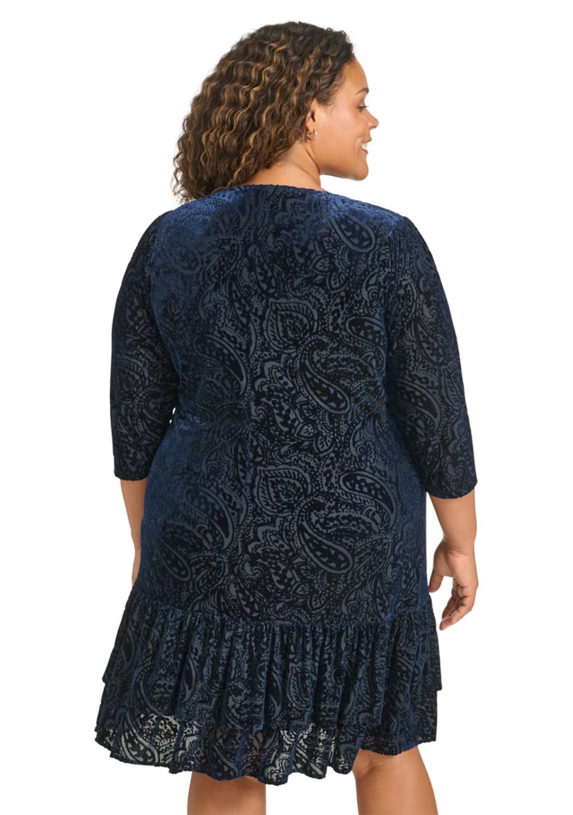 Plus Size 3/4 Sleeve Velvet Burnout Ruffle Hem Shift Dress