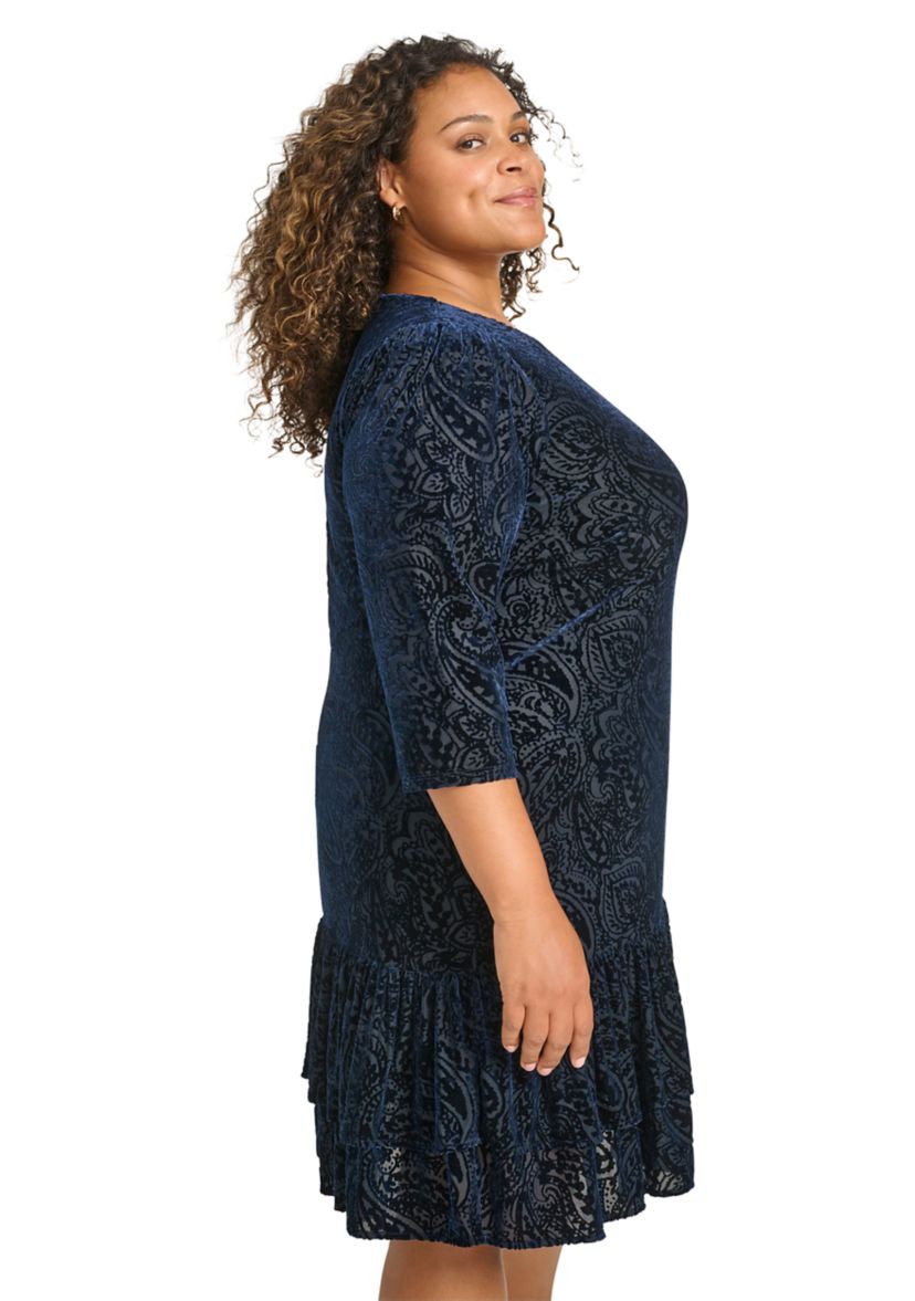 Plus Size 3/4 Sleeve Velvet Burnout Ruffle Hem Shift Dress