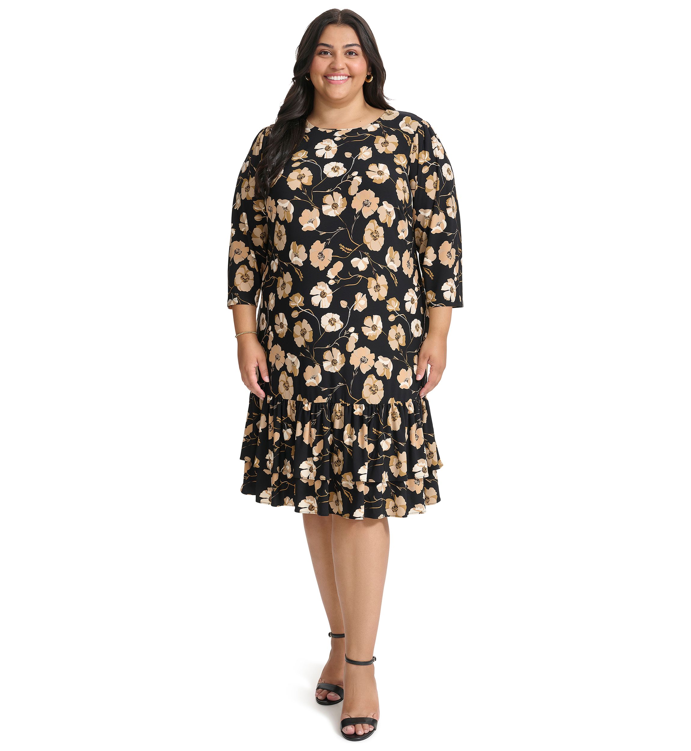 Plus Size 3/4 Sleeve Autumn Poppy Ruffle Hem Shift